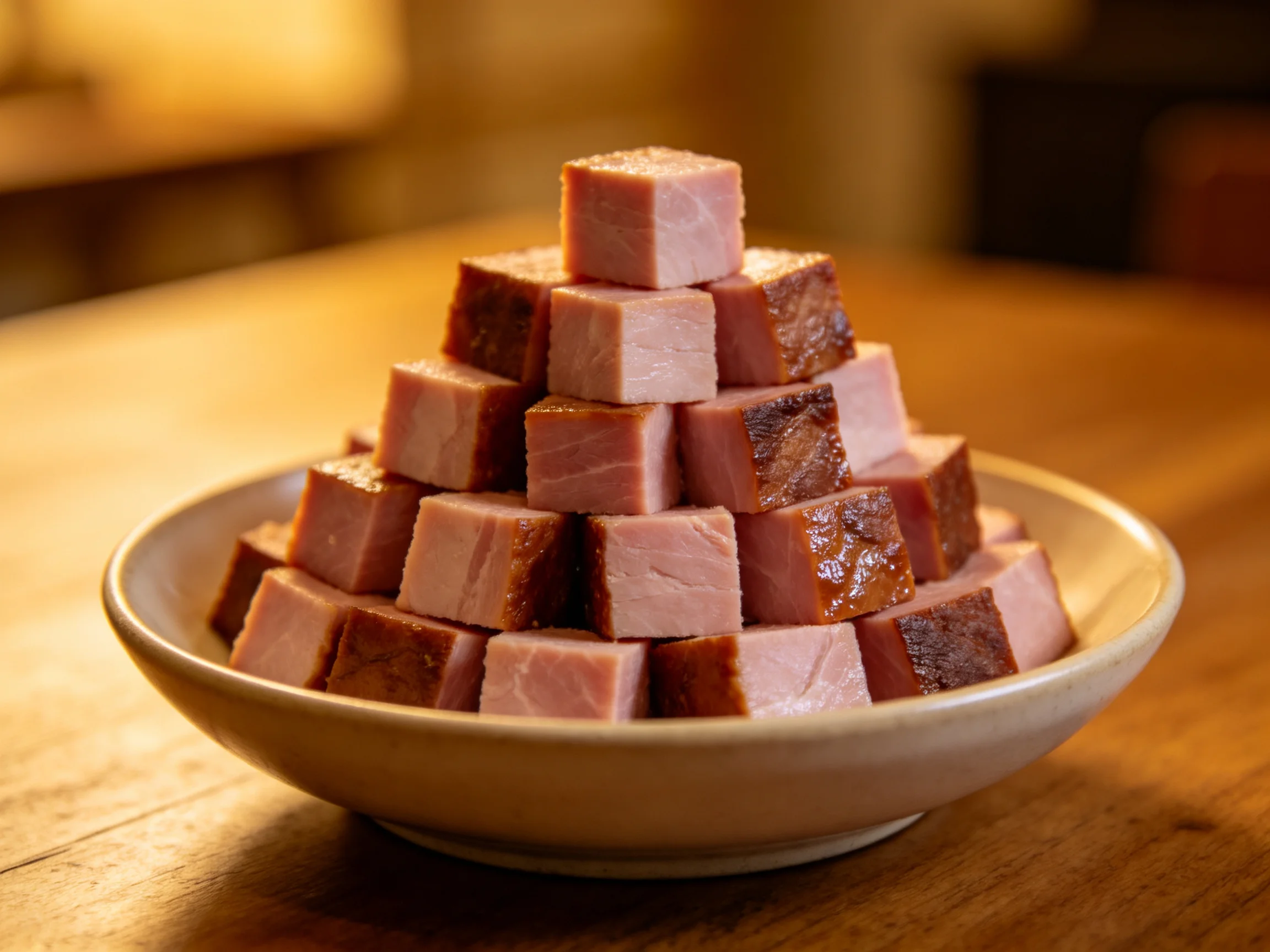 A pyramid of assorted-colored meat cubes in a shallow bowl