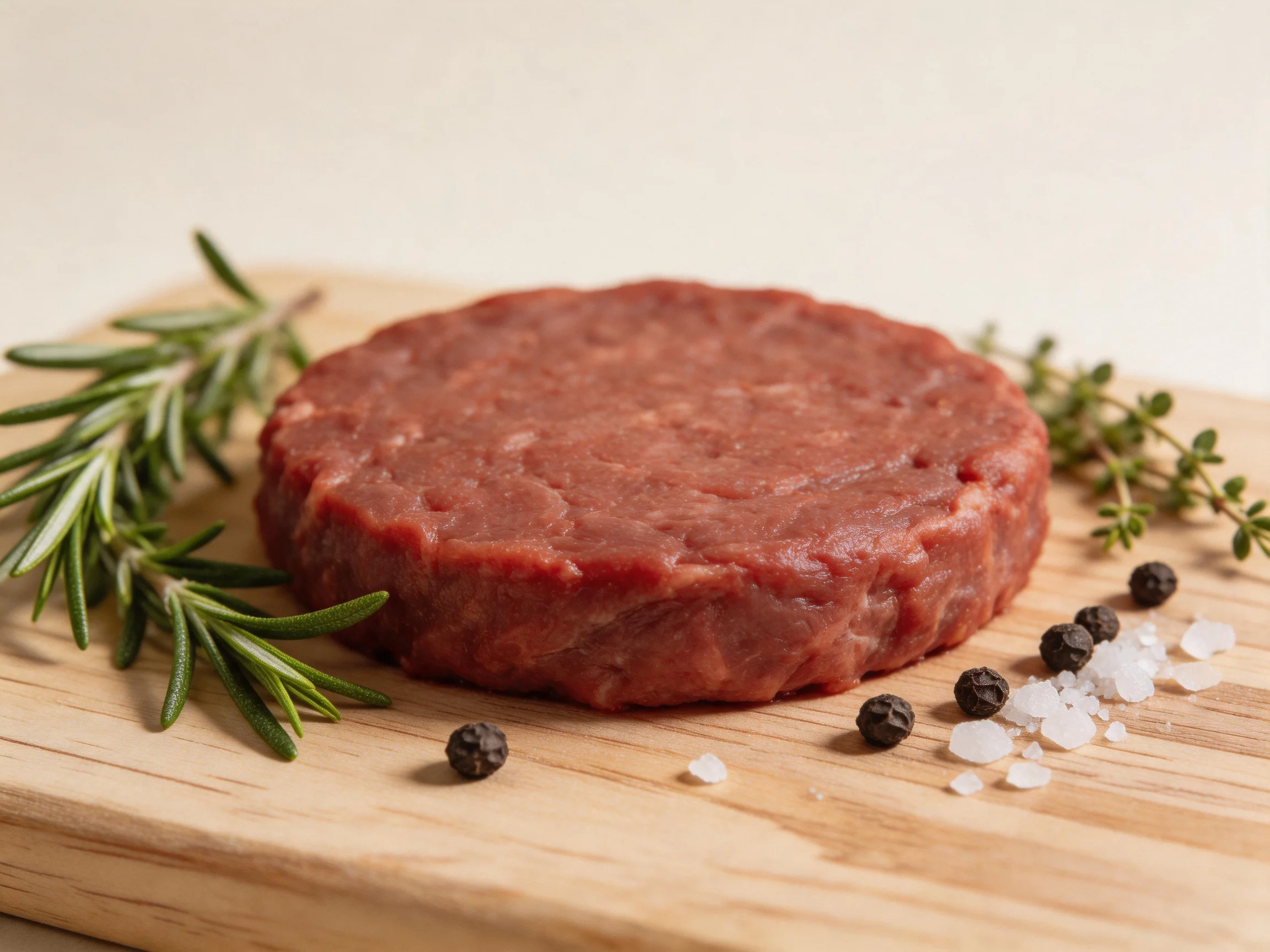 A raw beef patty with fresh herbs, peppercorns, and sea salt on a wooden cutting board