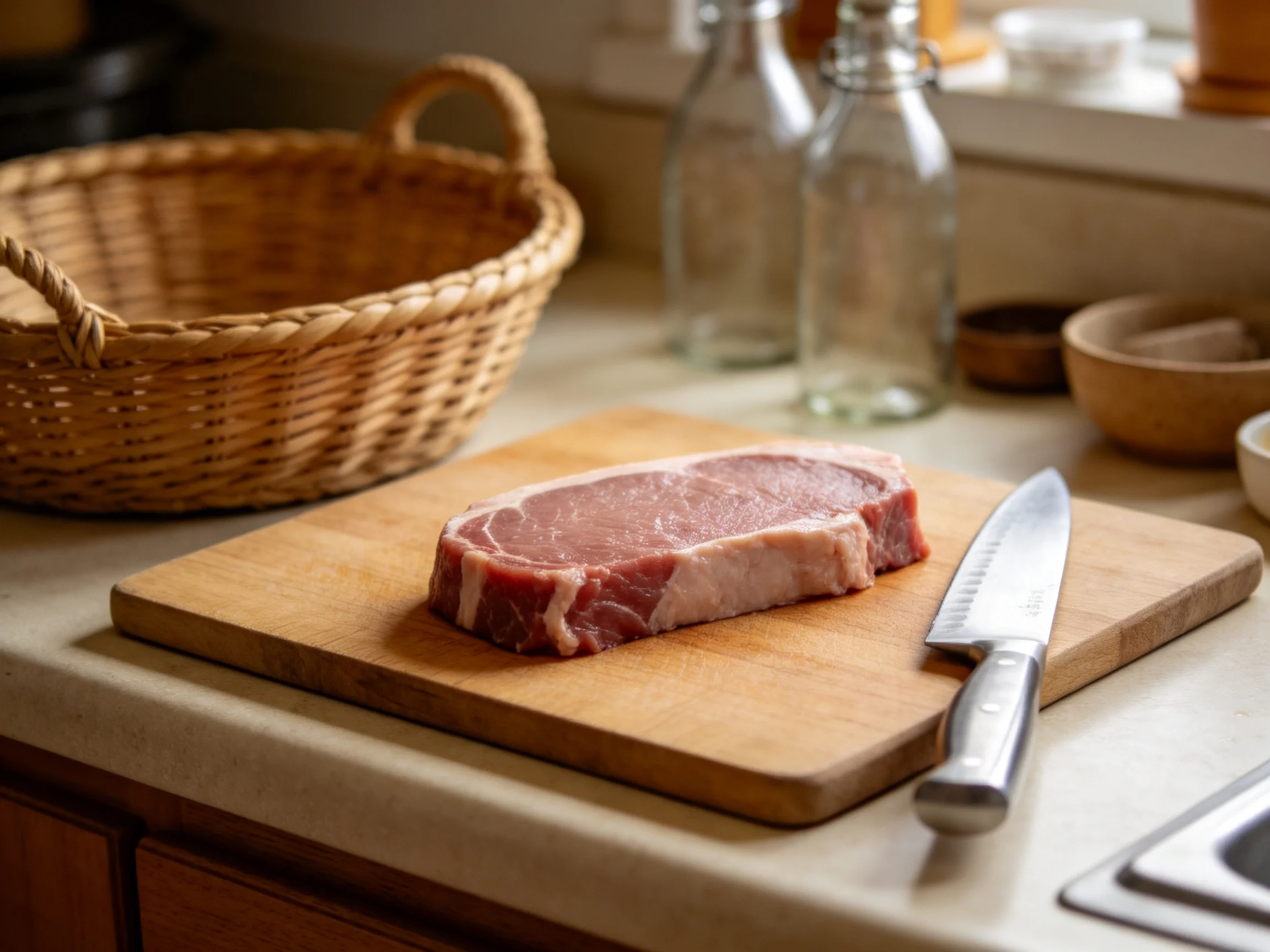 A raw beef steak rests on a wooden cutting board beside a wicker basket
