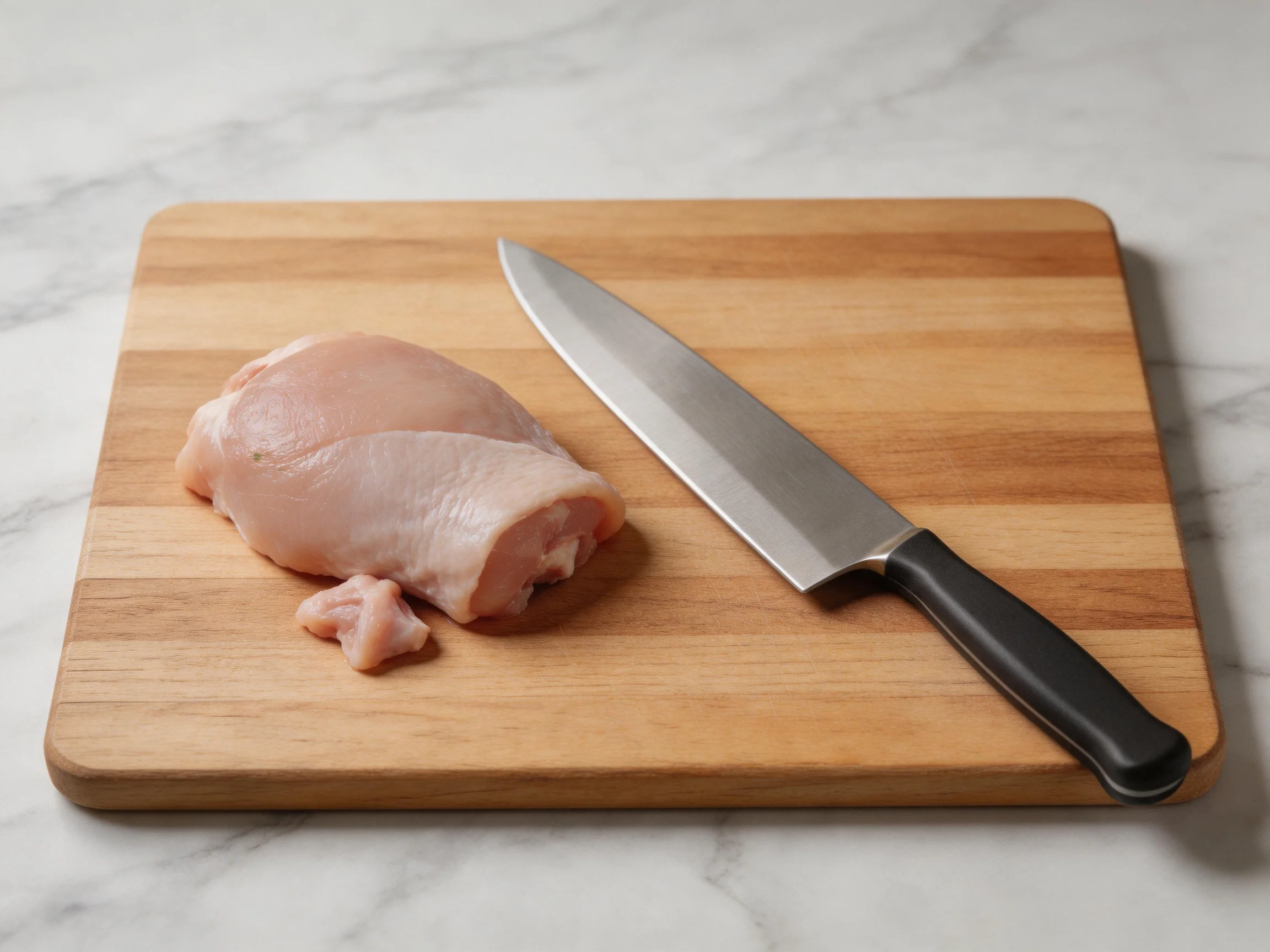 A raw chicken breast and chefs knife on a wooden cutting board