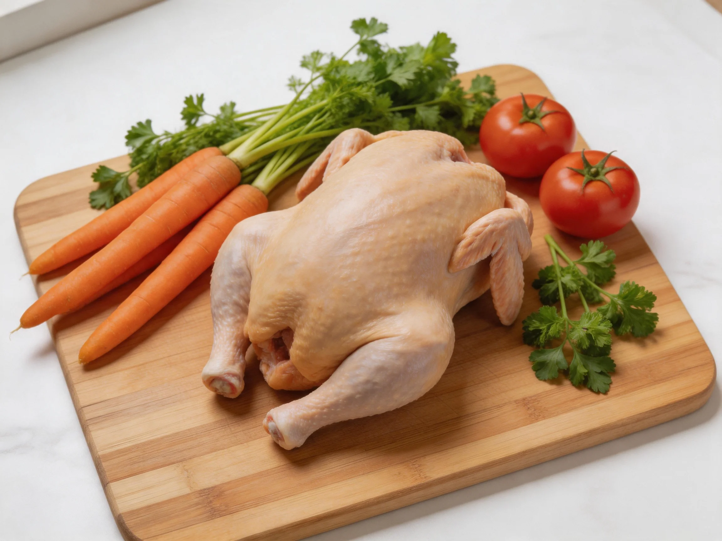 A raw chicken with carrots, tomatoes, and cilantro on a wooden cutting board