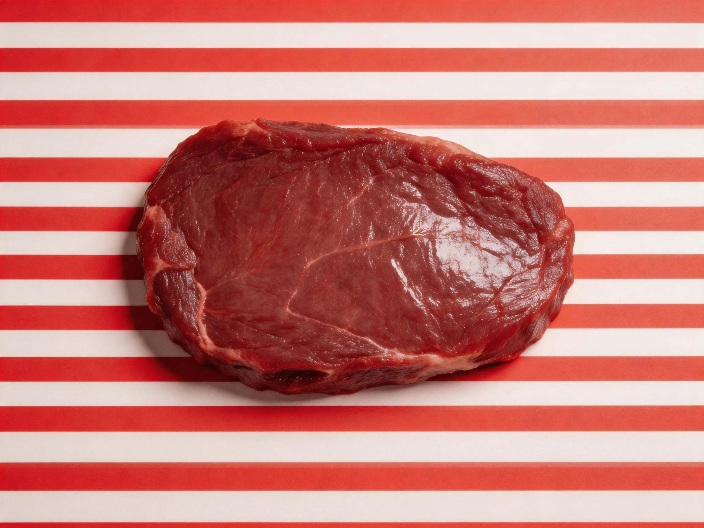 A raw cut of beef on red and white striped surface