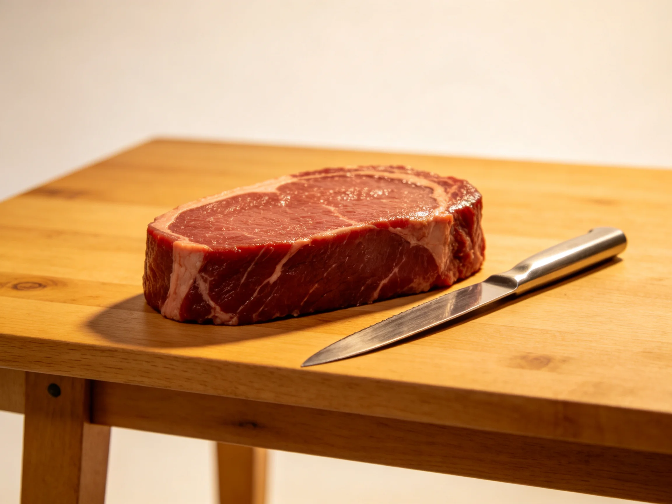 A raw marbled beef cut lies beside a stainless steel knife on a wooden cutting board.