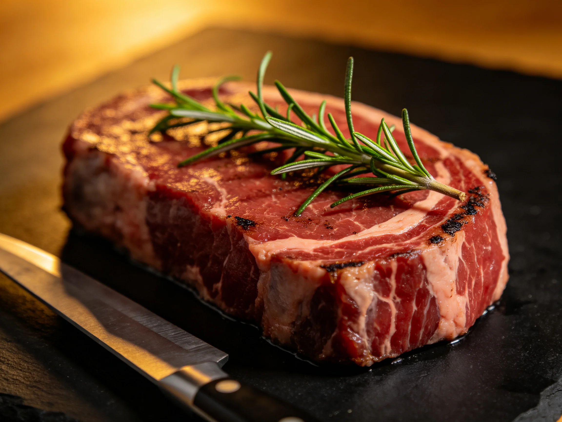 A raw, marbled steak garnished with fresh rosemary on a dark slate board
