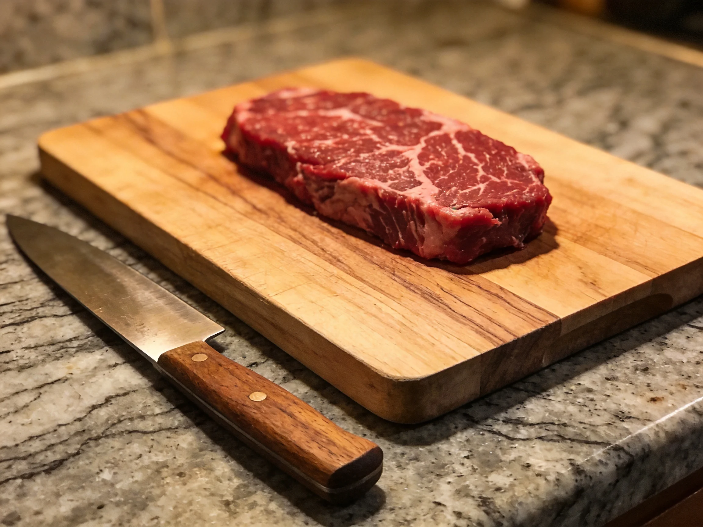 A raw marbled steak on a wooden cutting board with a chef’s knife