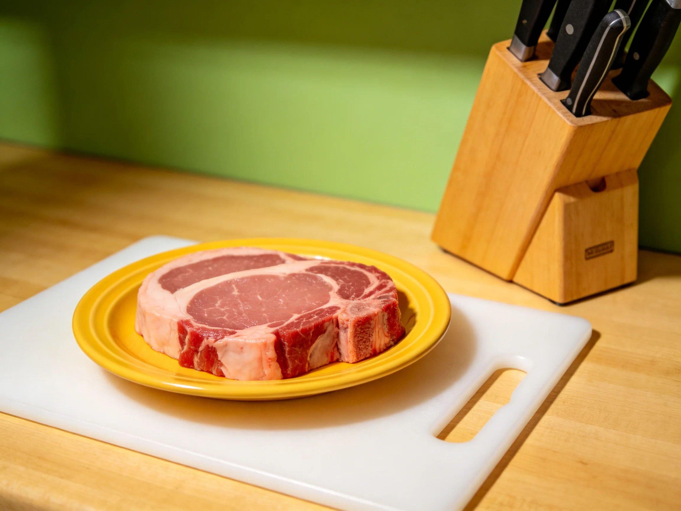 A raw pork chop on a yellow plate atop a white cutting board beside a wooden knife block
