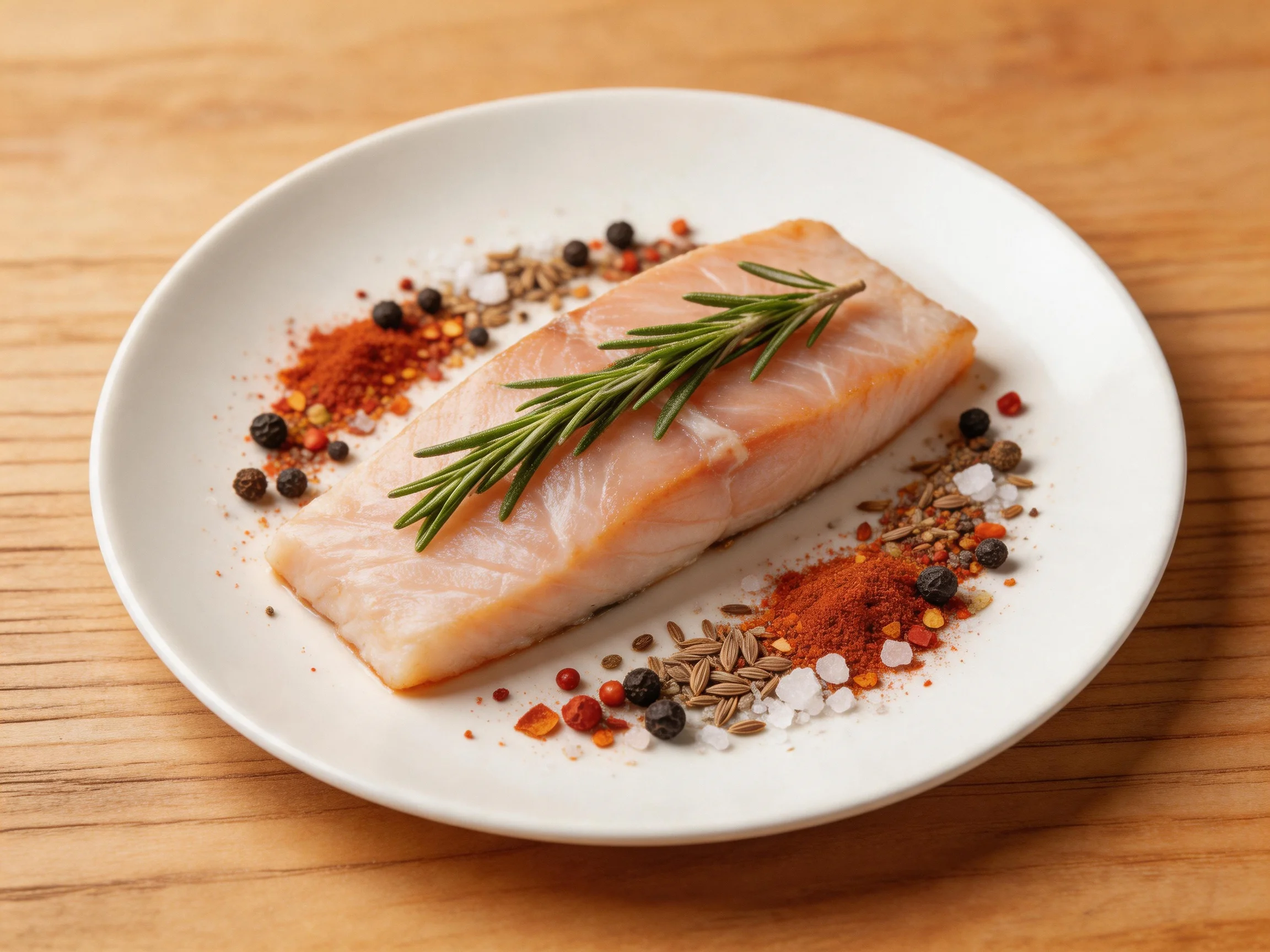 A raw salmon fillet garnished with rosemary and colorful spices