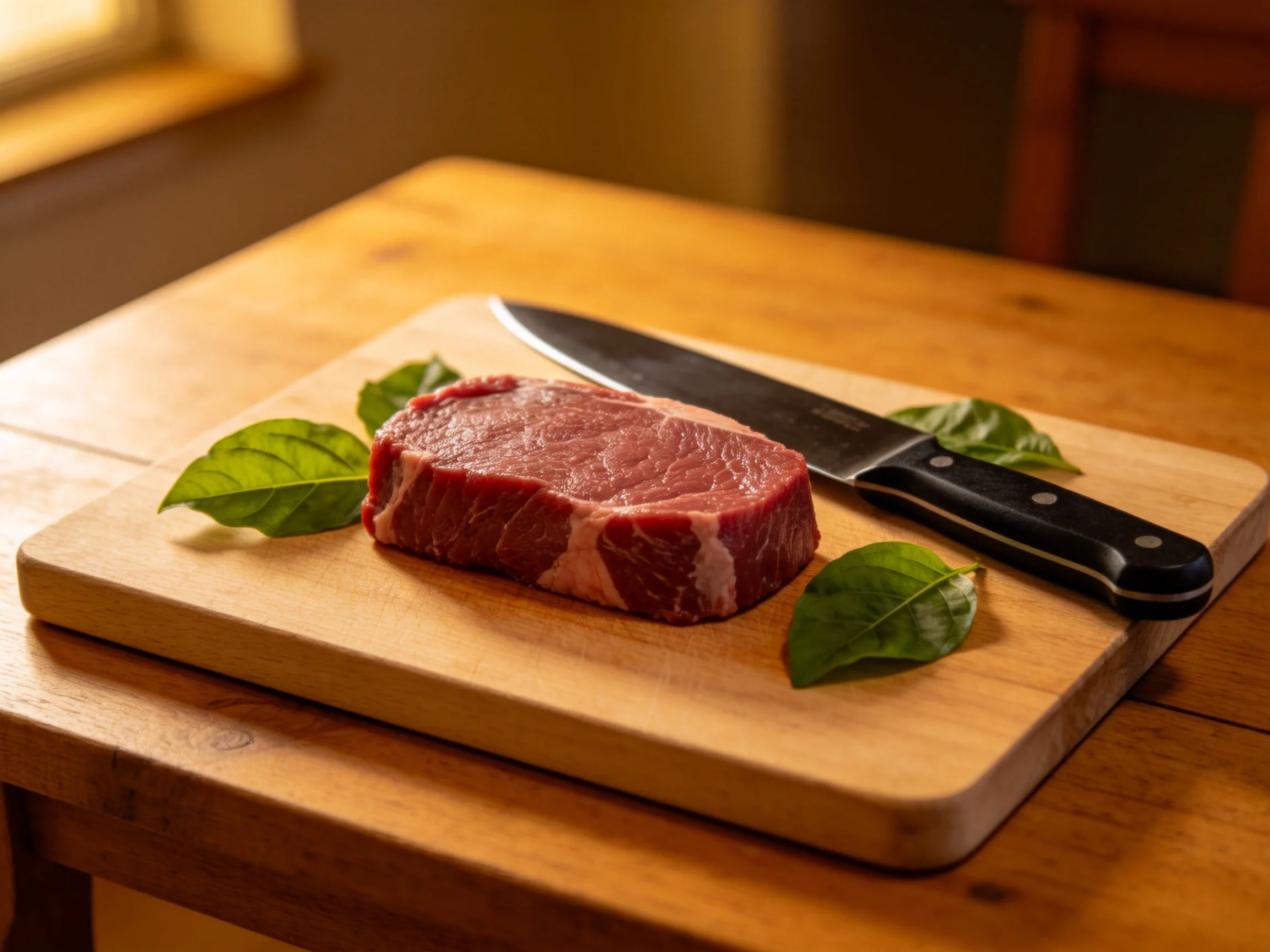A raw steak on a wooden cutting board with basil and a chefs knife