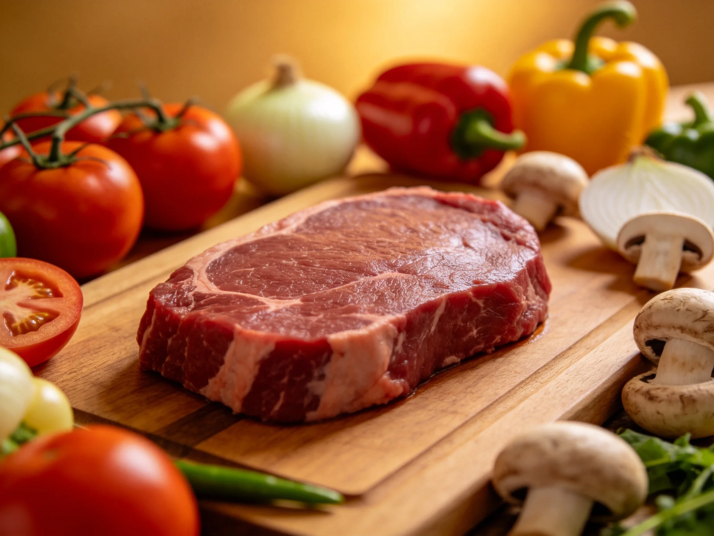 A raw steak surrounded by colorful vegetables on wooden boards