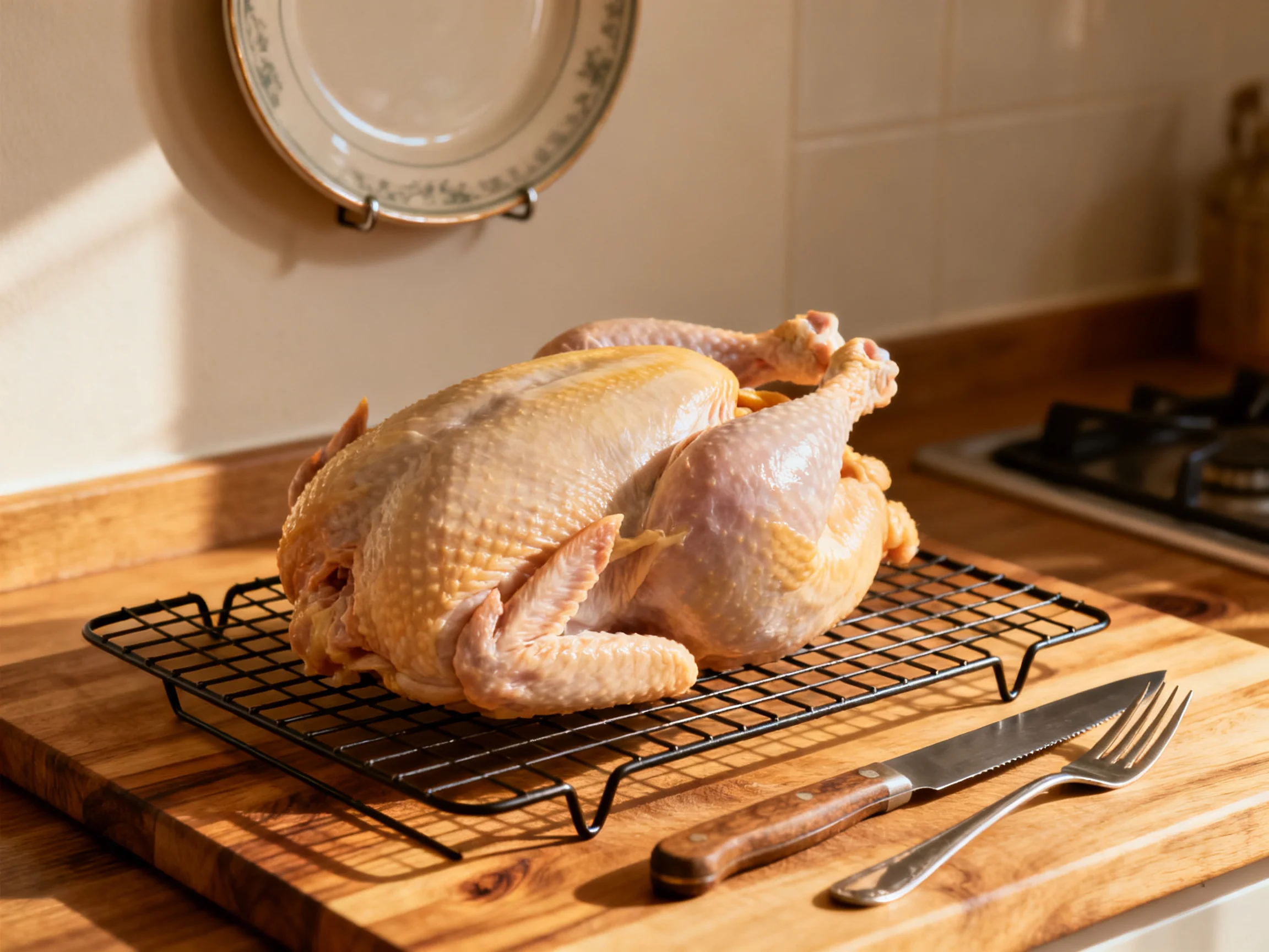 A raw whole chicken rests on a wire rack atop a wooden cutting board