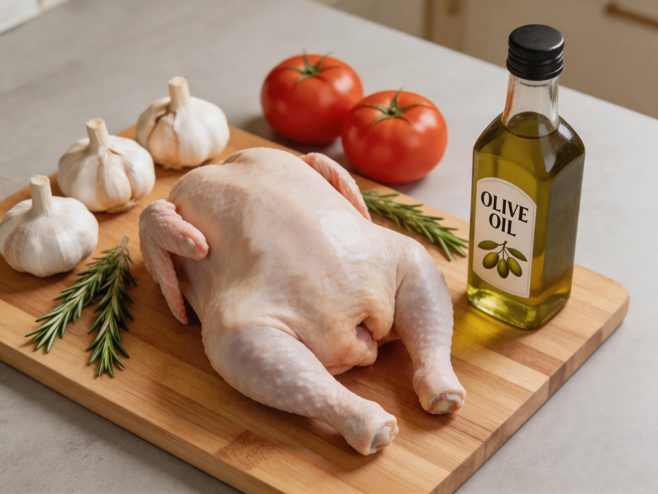 A raw whole chicken with garlic bulbs, tomatoes, rosemary, and olive oil