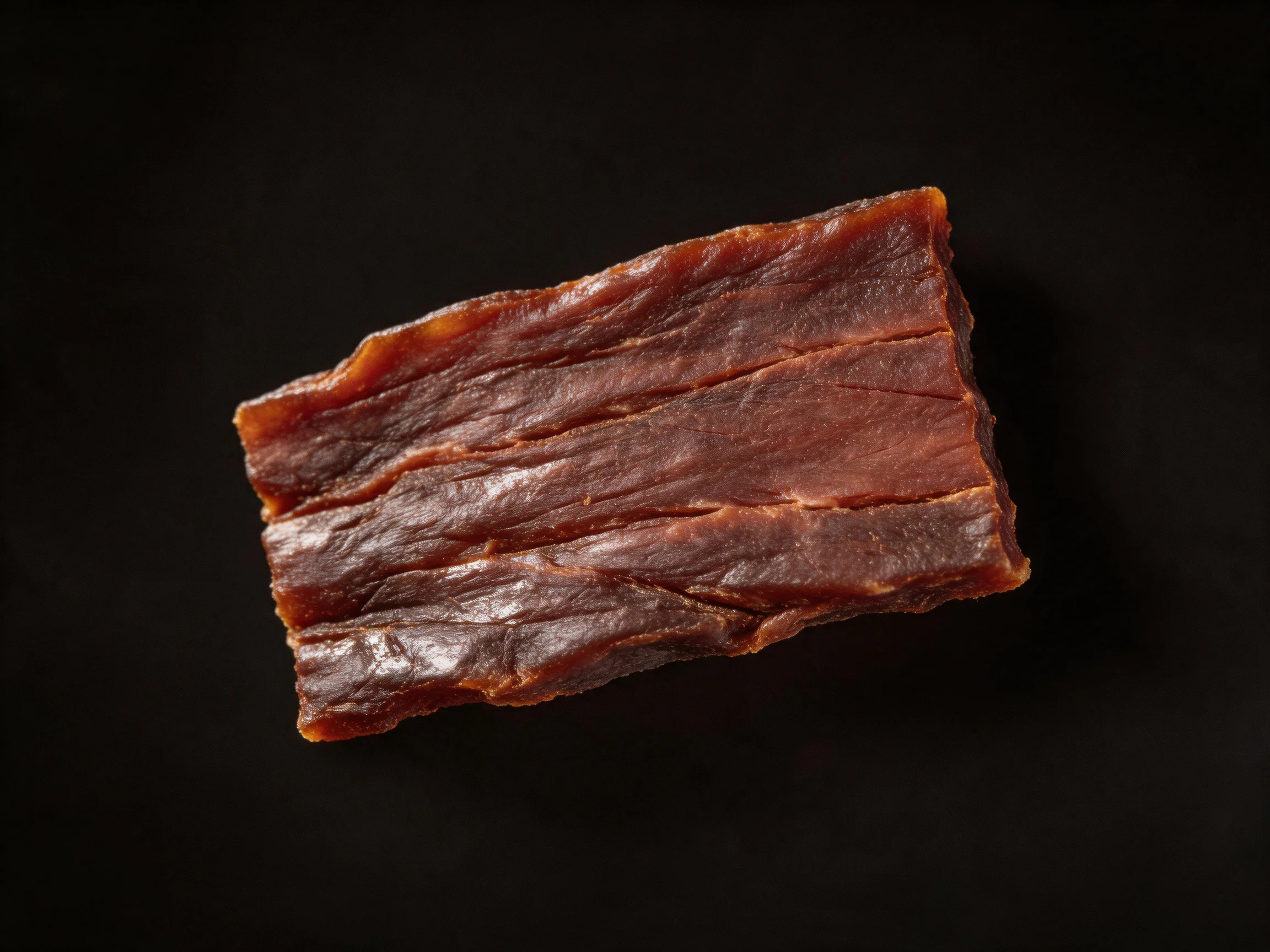 A rectangular strip of dark brown dried meat on a black backdrop