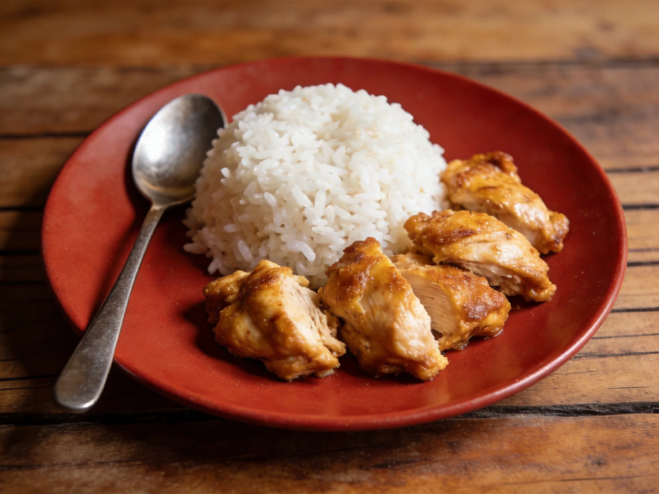 A red plate serves white rice and golden-brown chicken