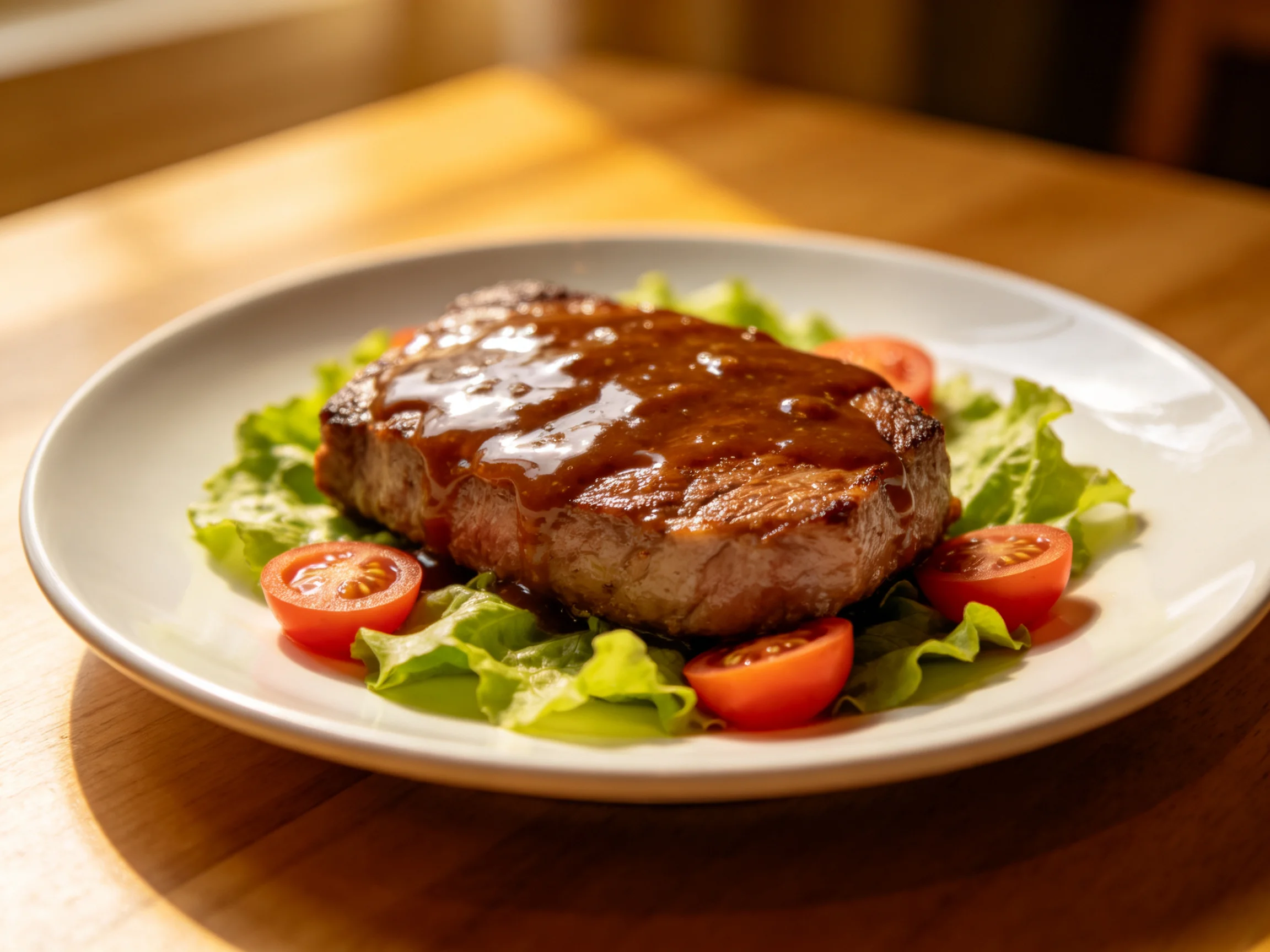 A richly sauced grilled steak with lettuce and cherry tomatoes