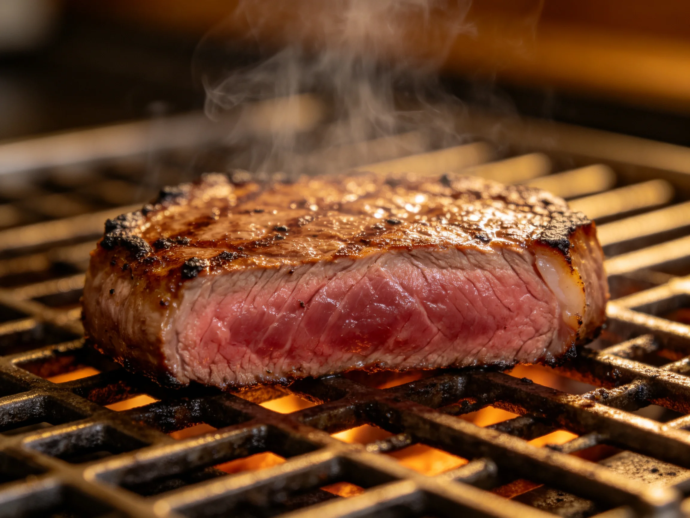A richly seared medium-rare steak grills over glowing embers