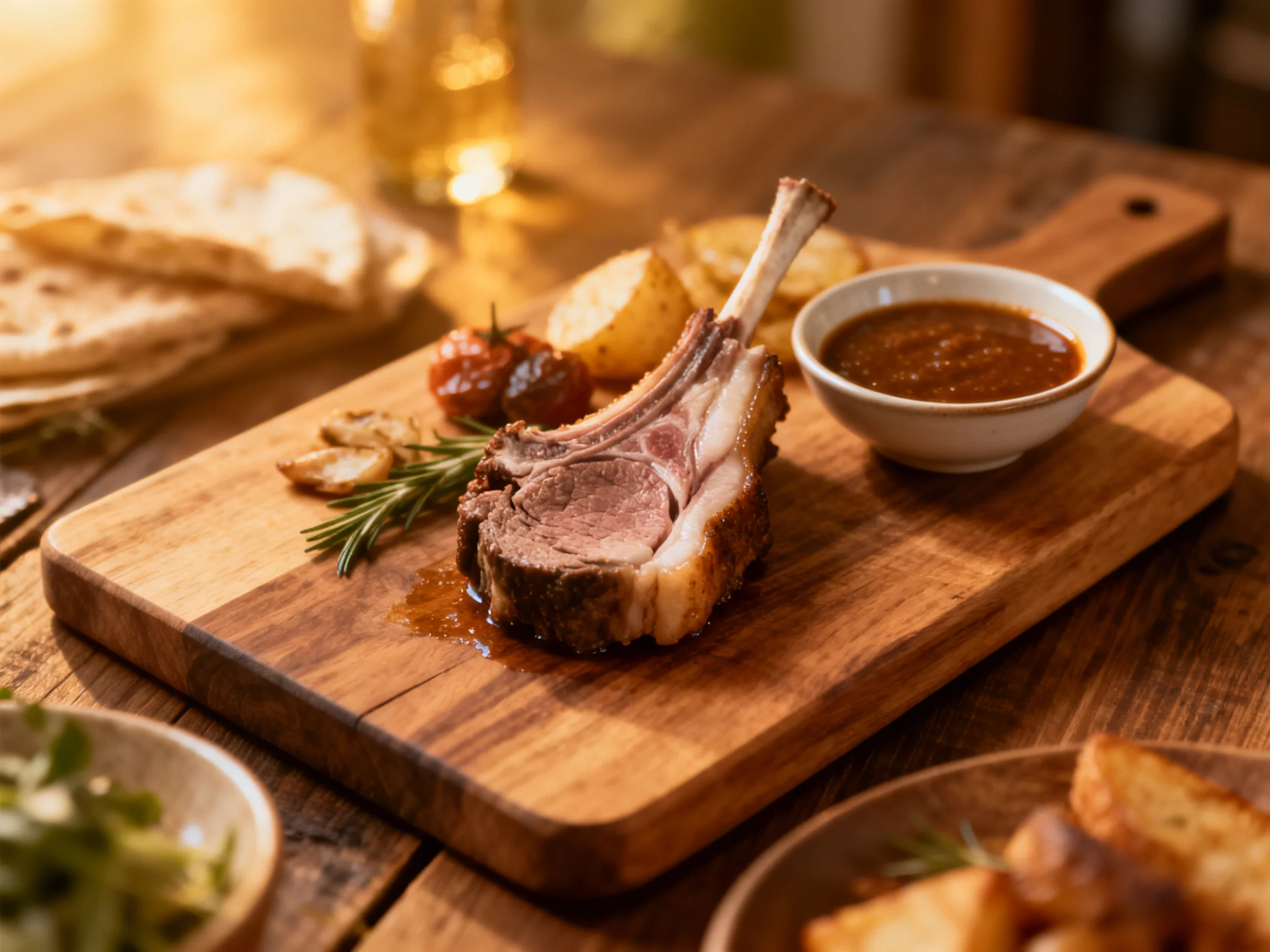 A roasted lamb chop served on a wooden board with sides and sauce