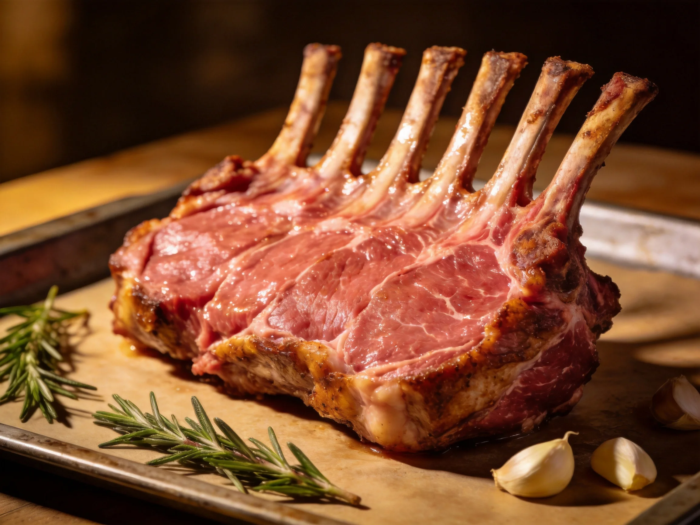 A roasted seven-rib rack of lamb with herbs and garlic