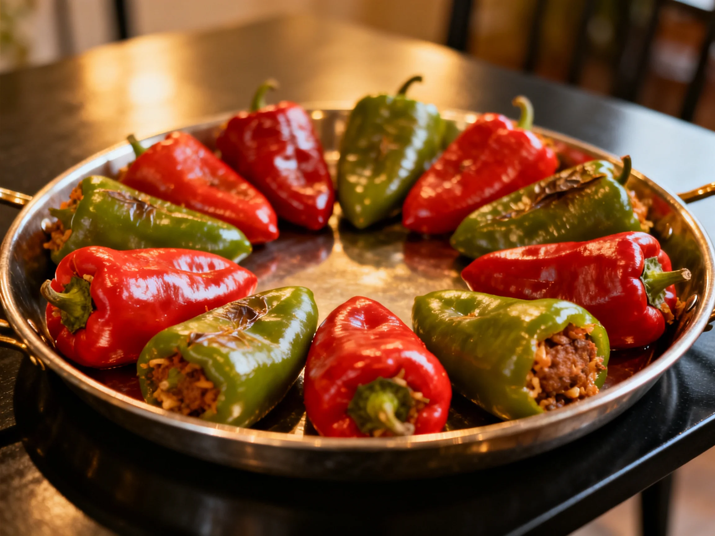 A round metal tray holds vibrant stuffed red and green bell peppers in a circular arrangement.