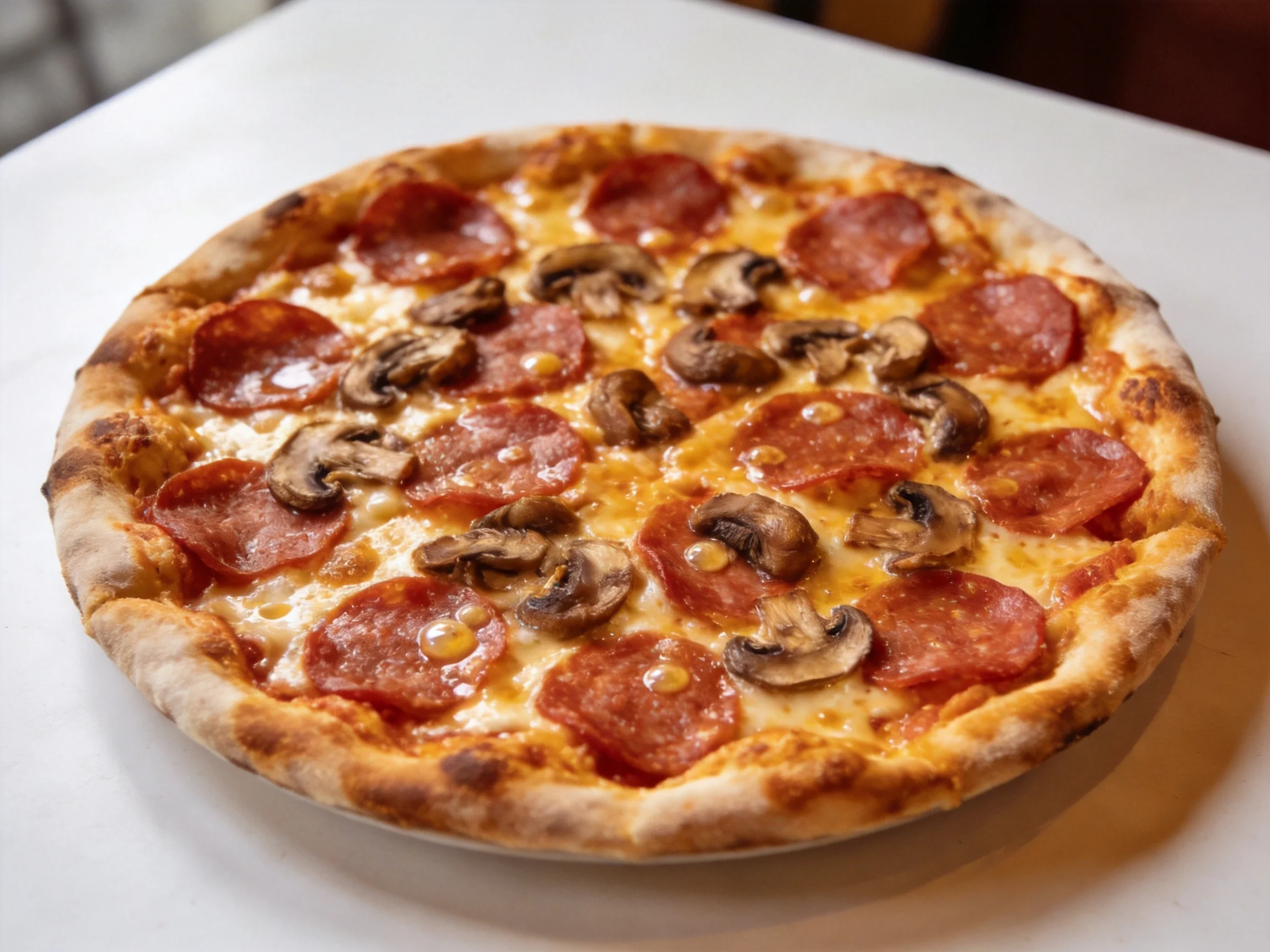 A round pepperoni and mushroom pizza with golden-brown crust