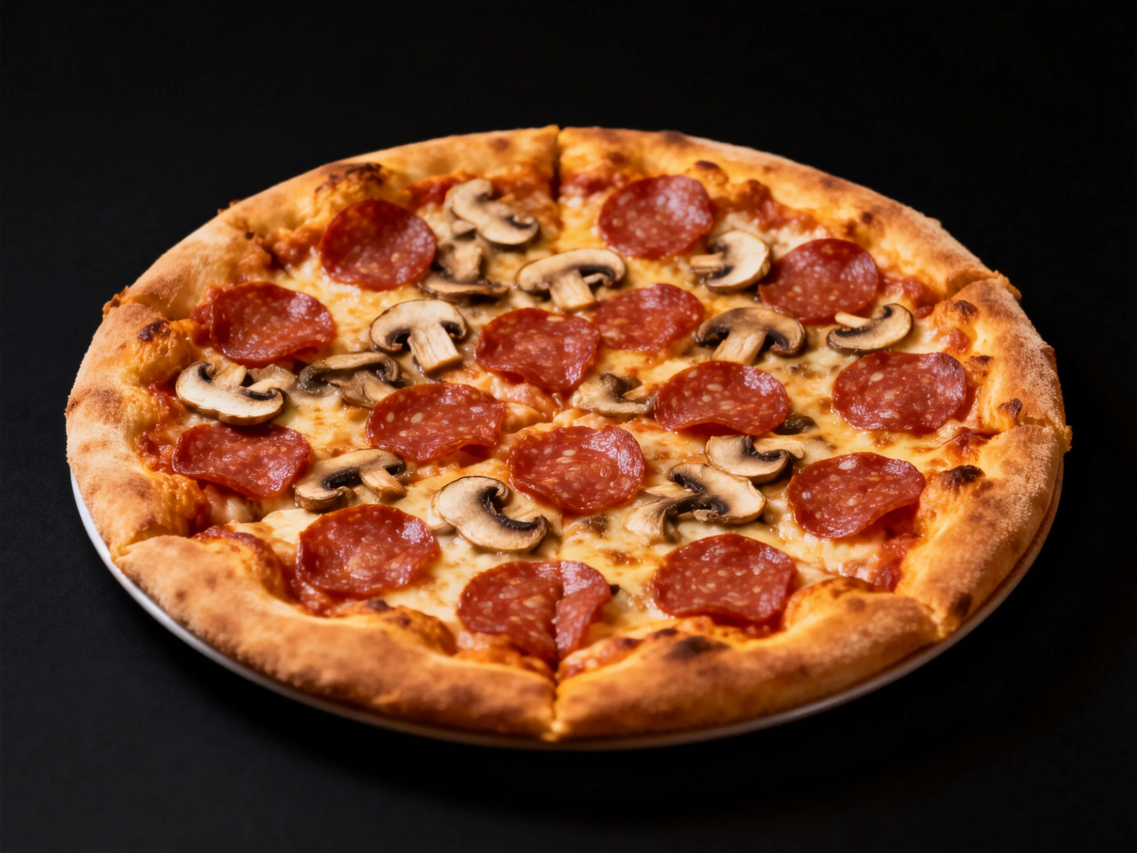 A round pepperoni and mushroom-topped cheese pizza with crispy crust