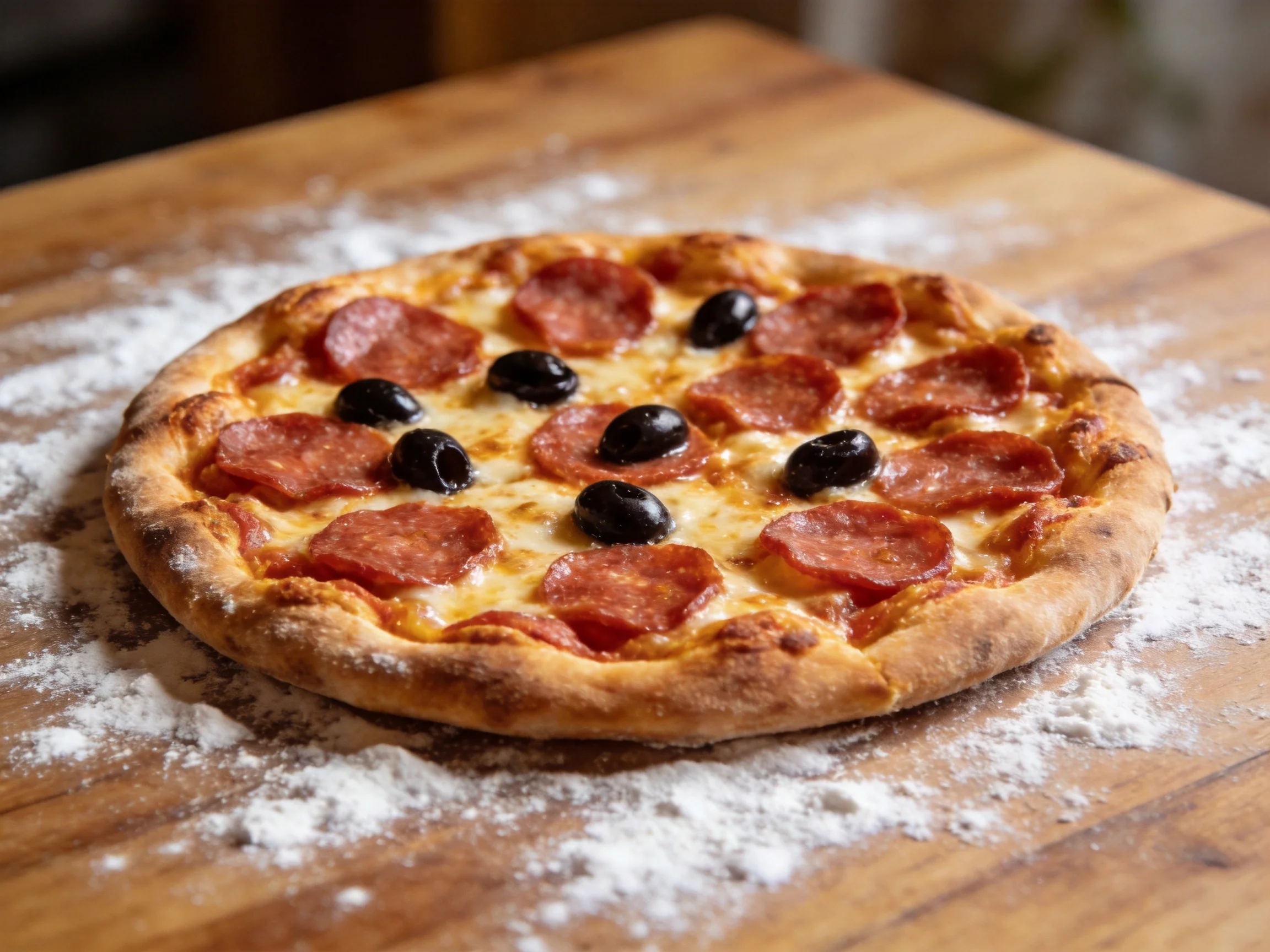 A round pepperoni and olive pizza sits on a floured wooden board