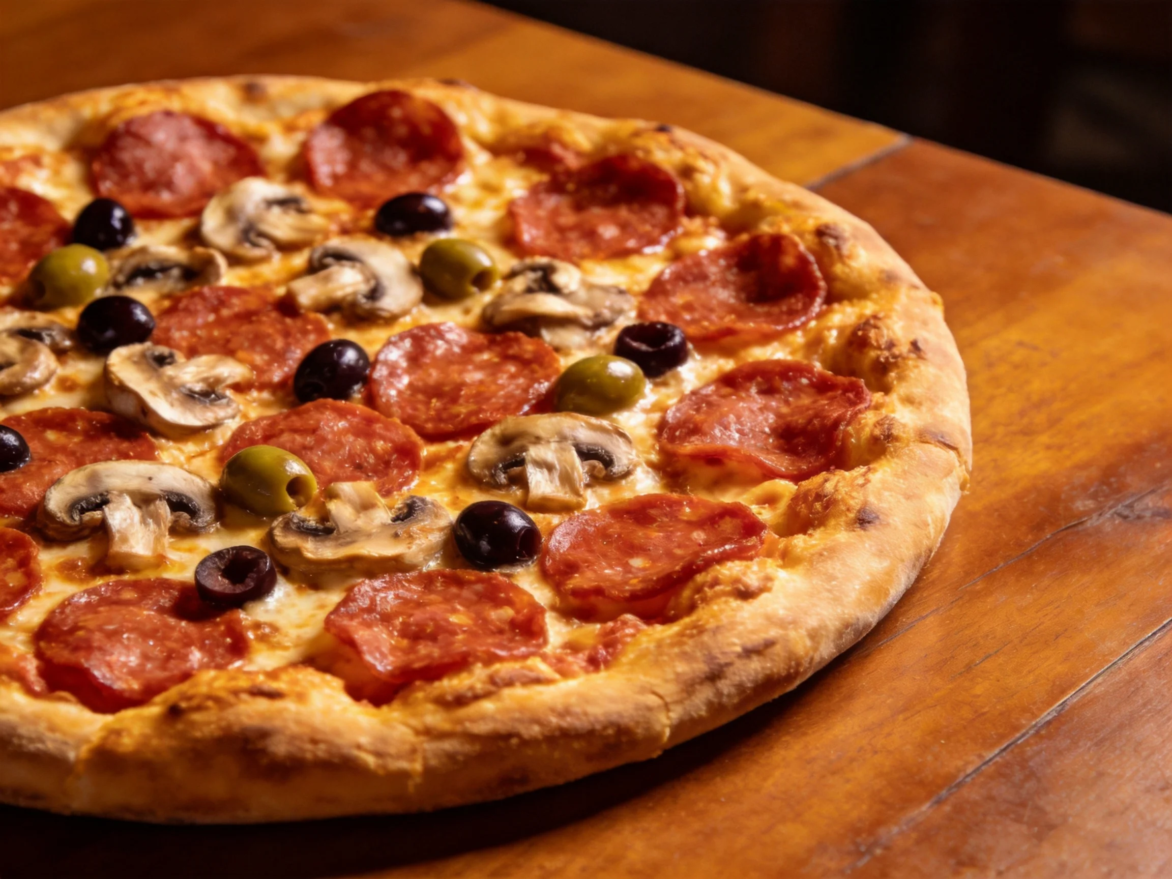 A round pepperoni, mushroom, and olive pizza on a wooden surface