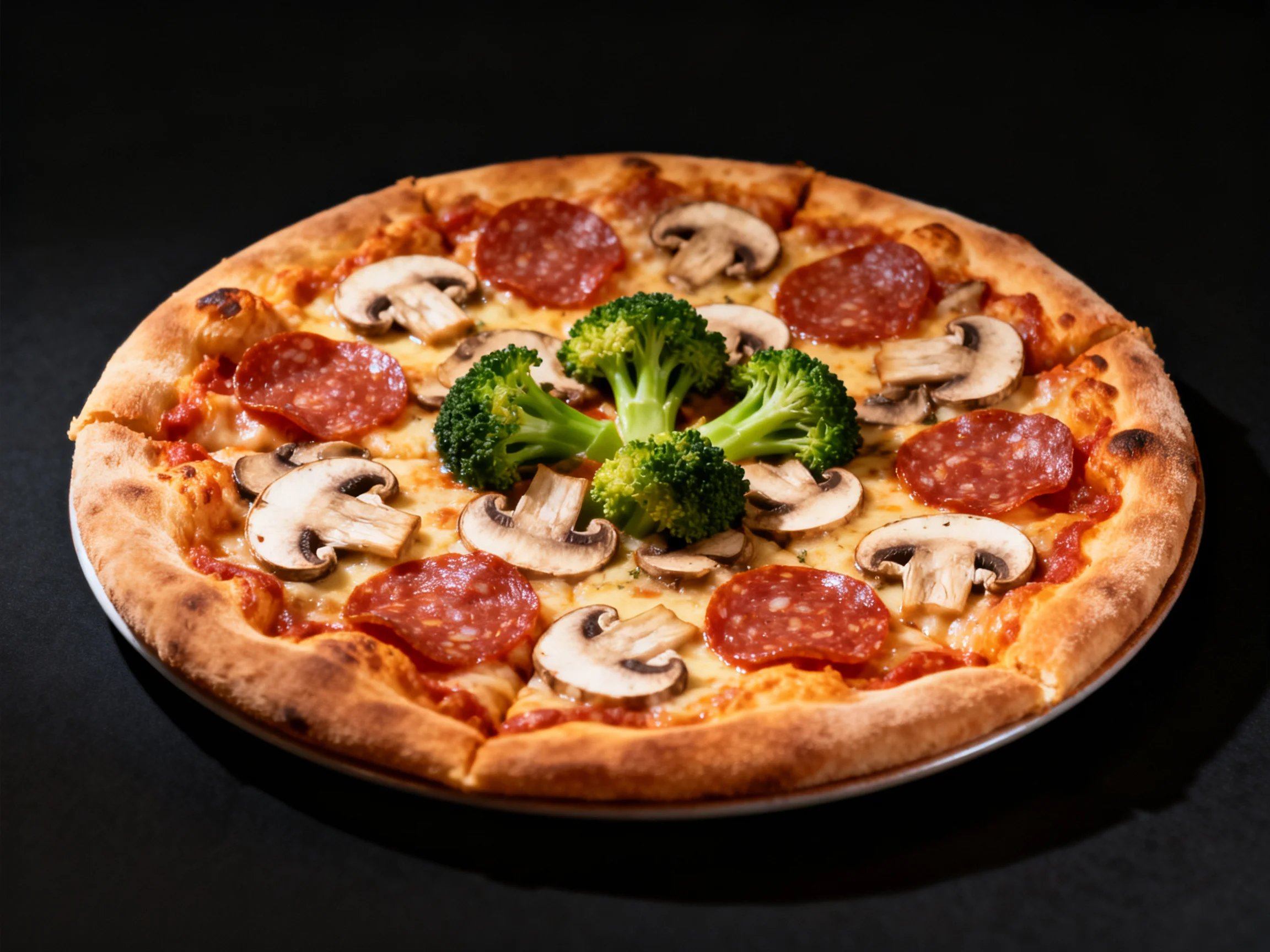 A round pizza topped with pepperoni slices, mushroom pieces, and broccoli florets