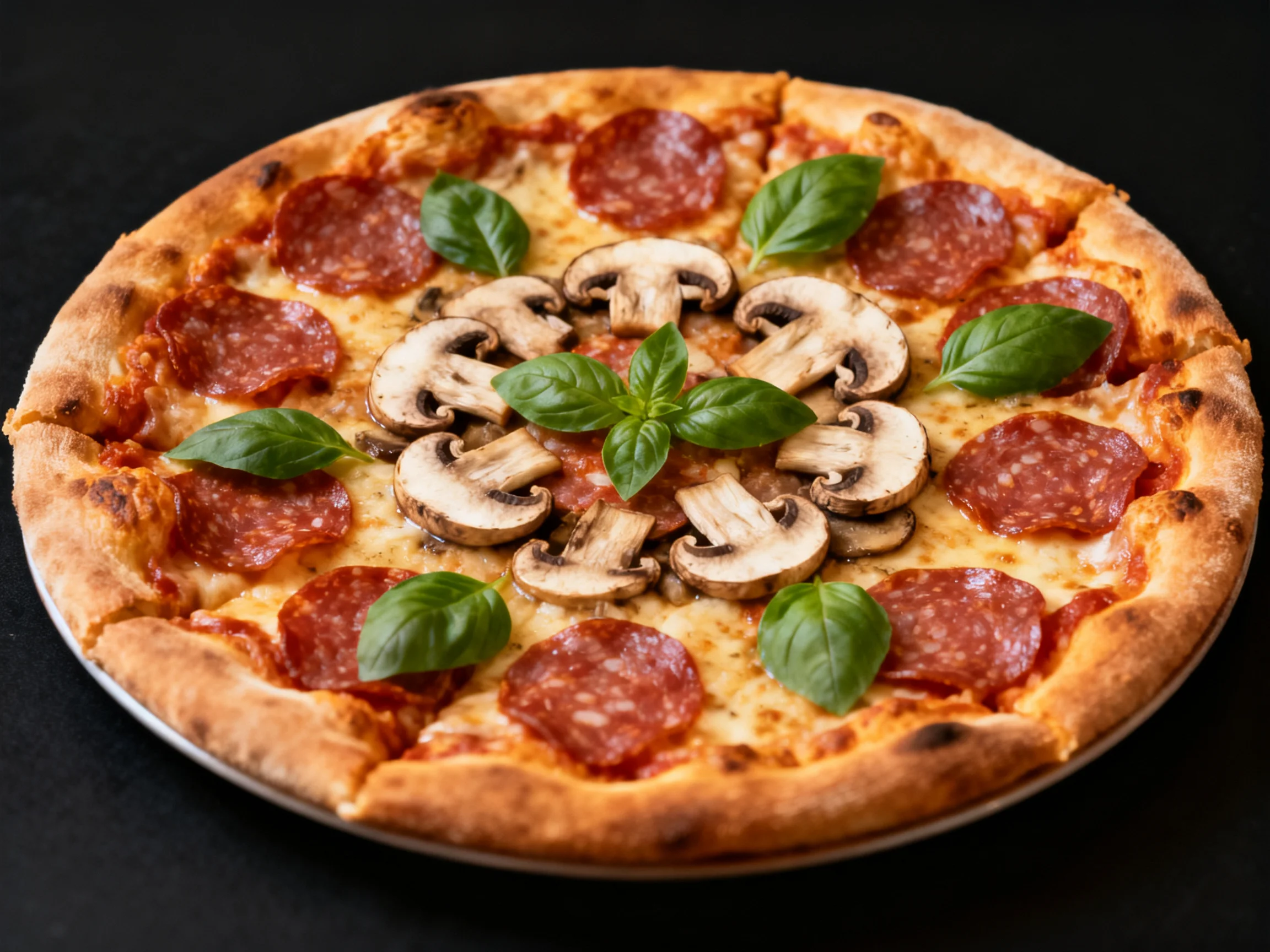 A round pizza topped with pepperoni slices, mushroom rounds, and fresh basil leaves