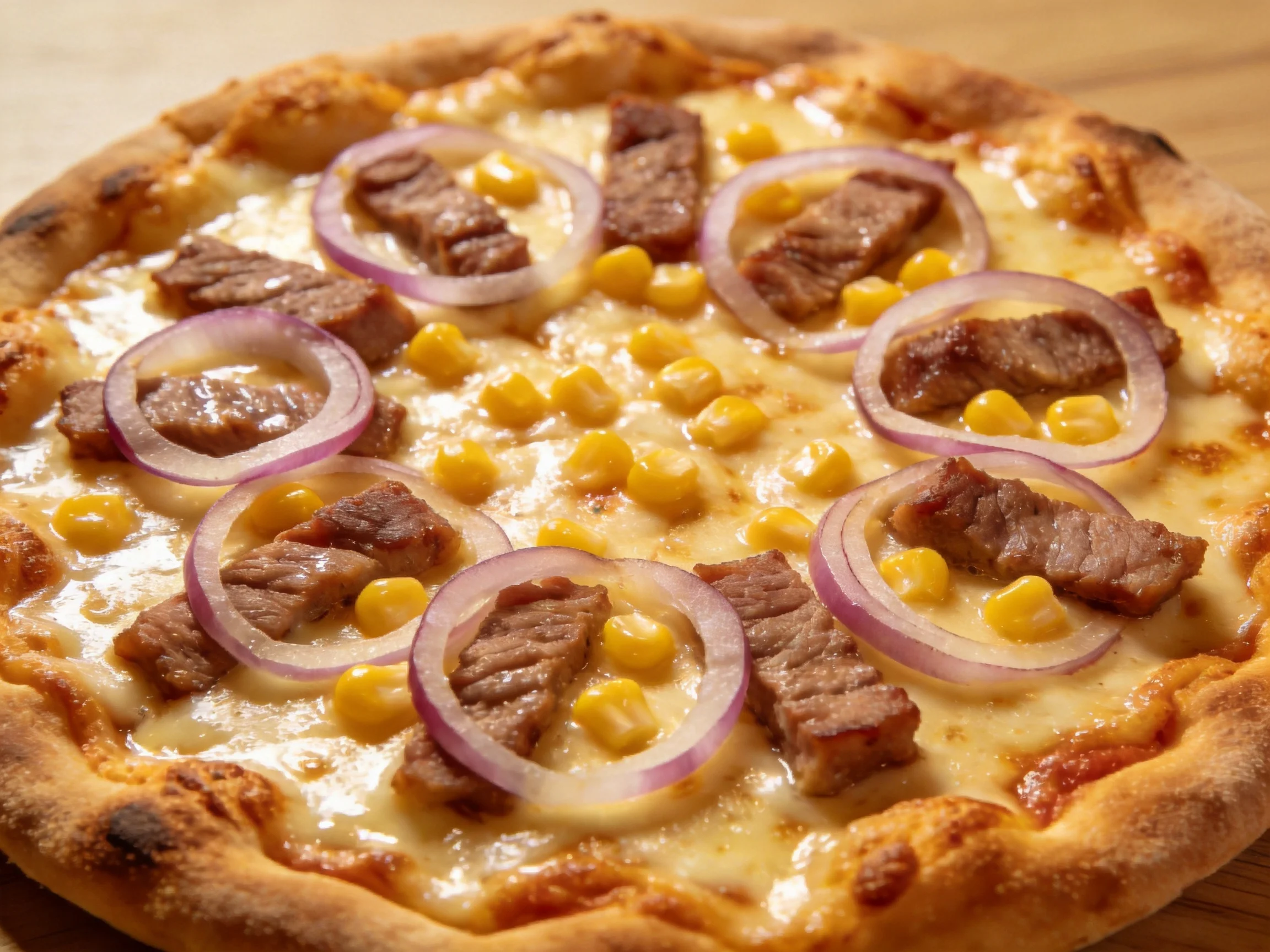 A round pizza with steak, corn, and red onion toppings on a wooden surface