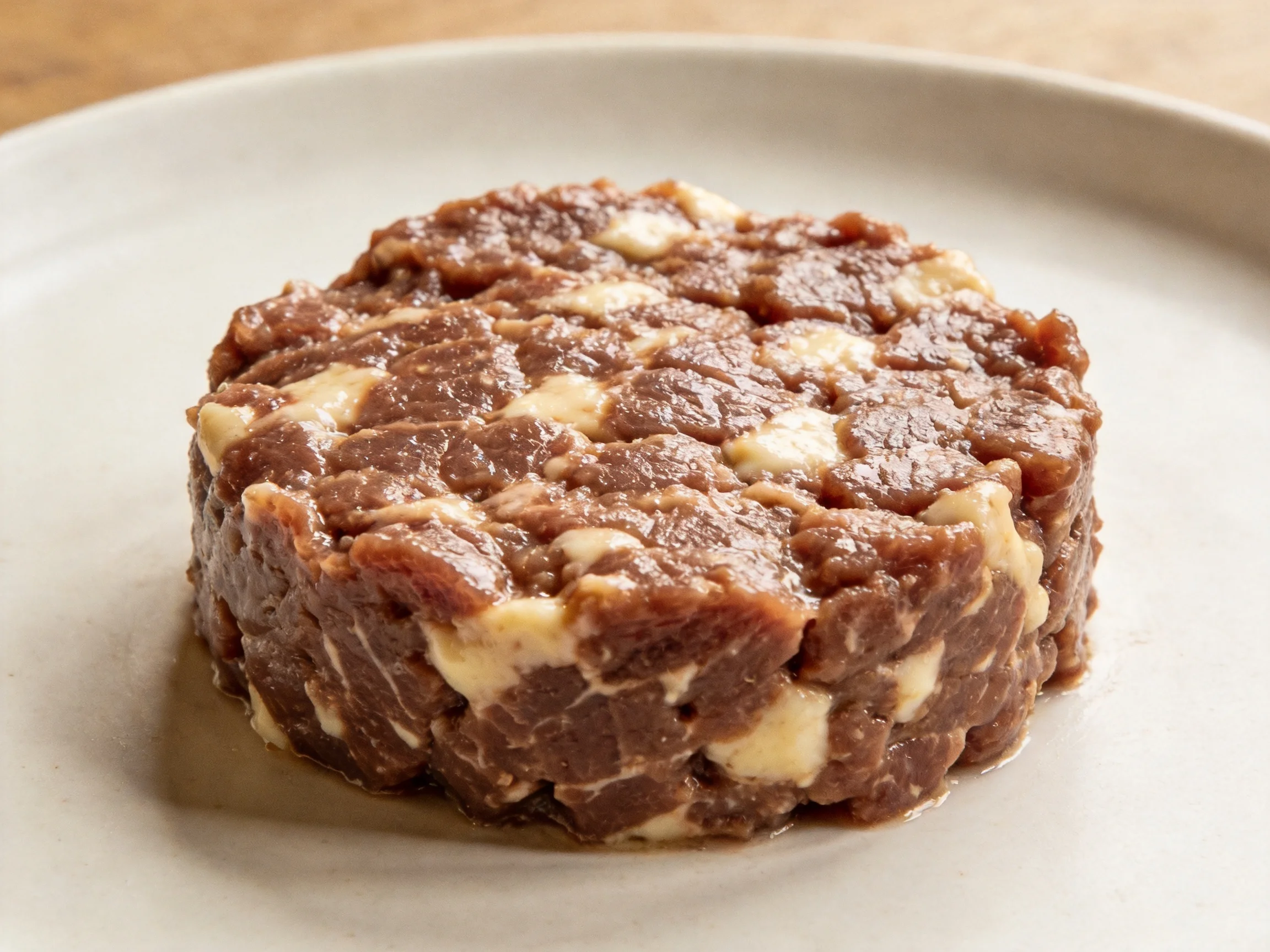 A round portion of marbled brown and cream-colored meat on a plate
