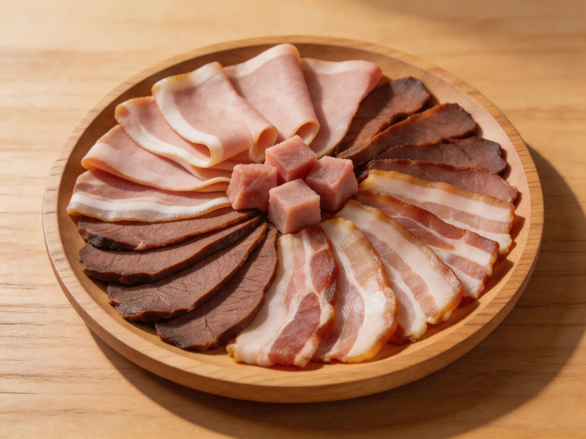 A round wooden platter displays assorted sliced meats in diverse hues
