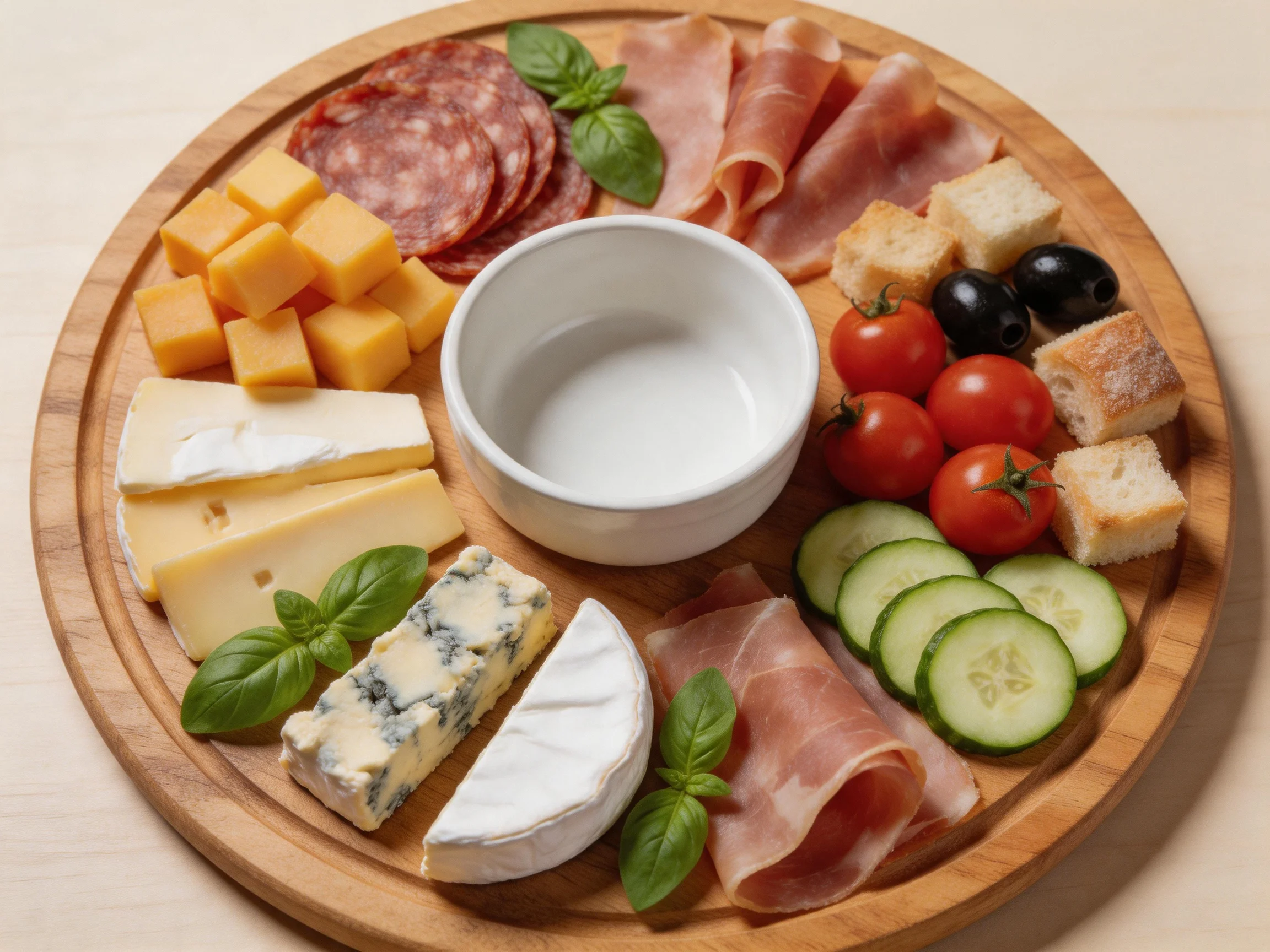 A round wooden platter showcases a carefully arranged selection of foods centered around a small whit