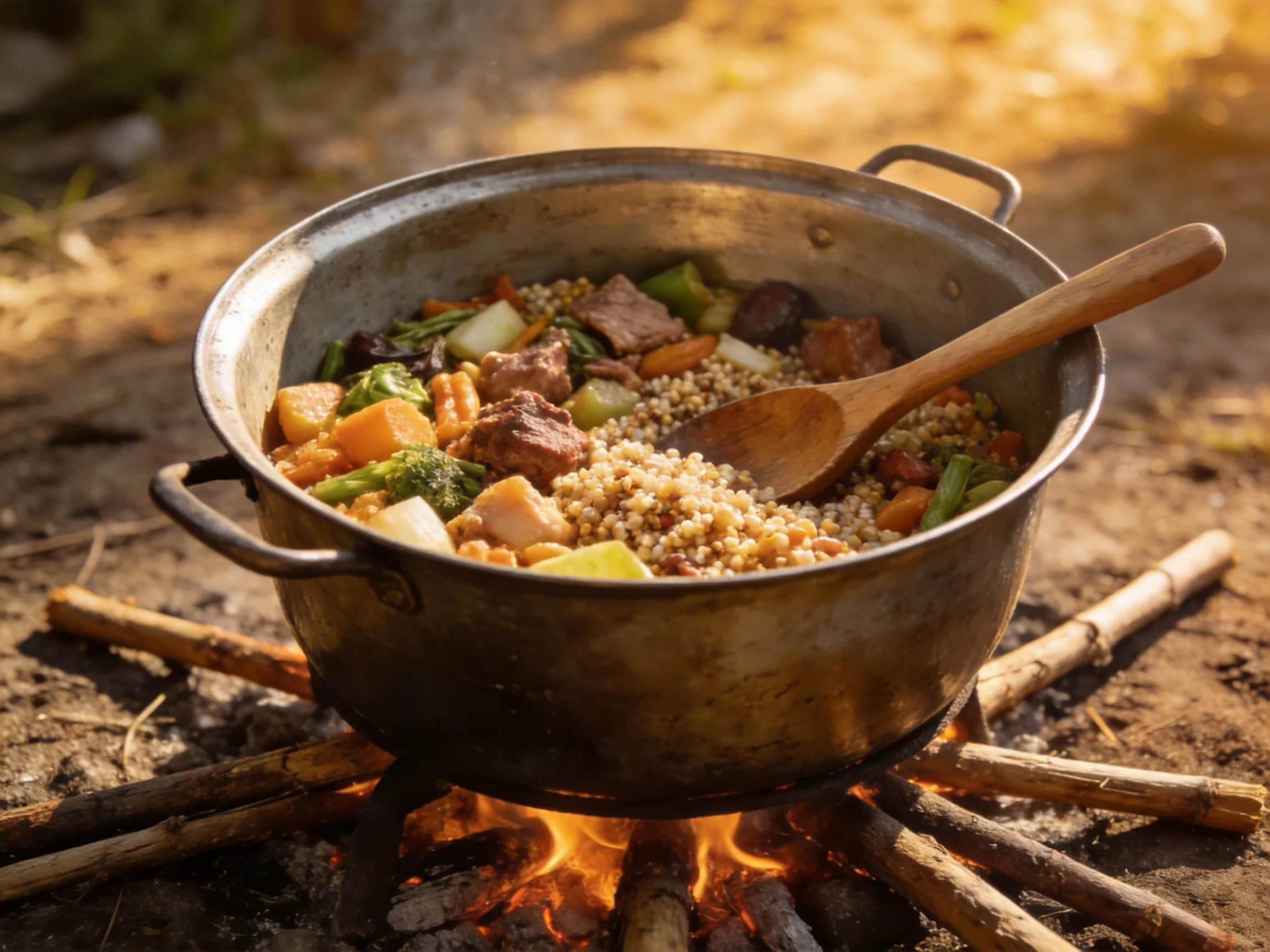 A rustic pot of mixed grains and vegetables cooking over an outdoor fire
