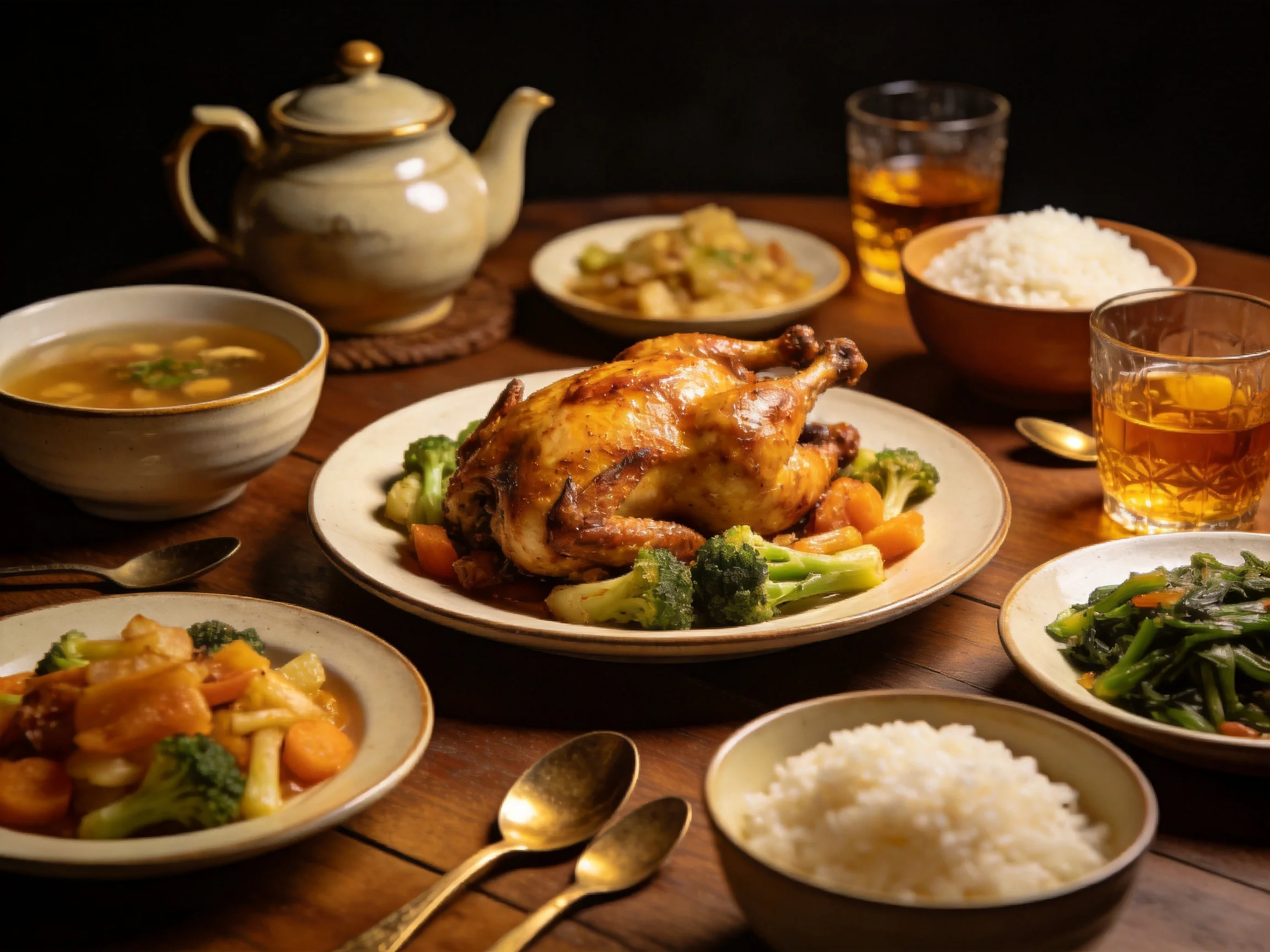A rustic table set with roasted chicken, rice bowls, and vegetable plates