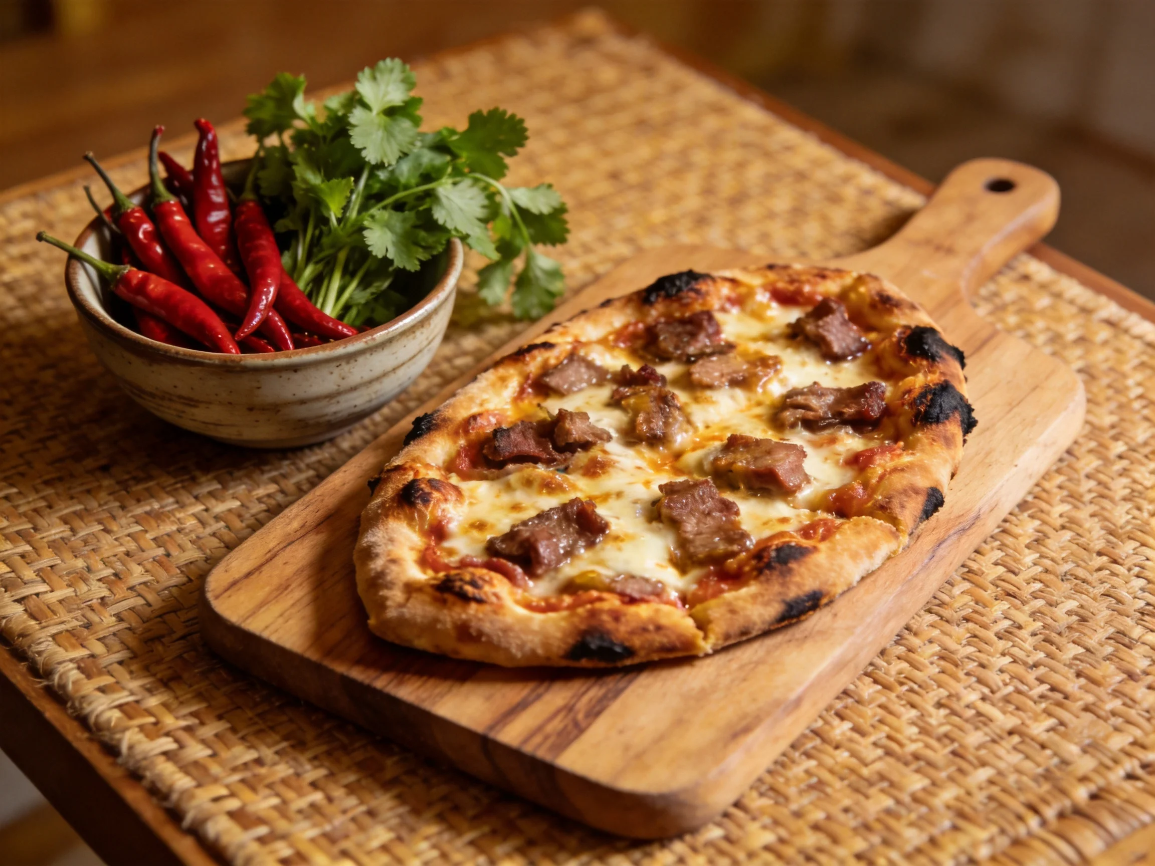 A rustic wooden board holds a meat-topped pizza beside a bowl of red chilies and cilantro