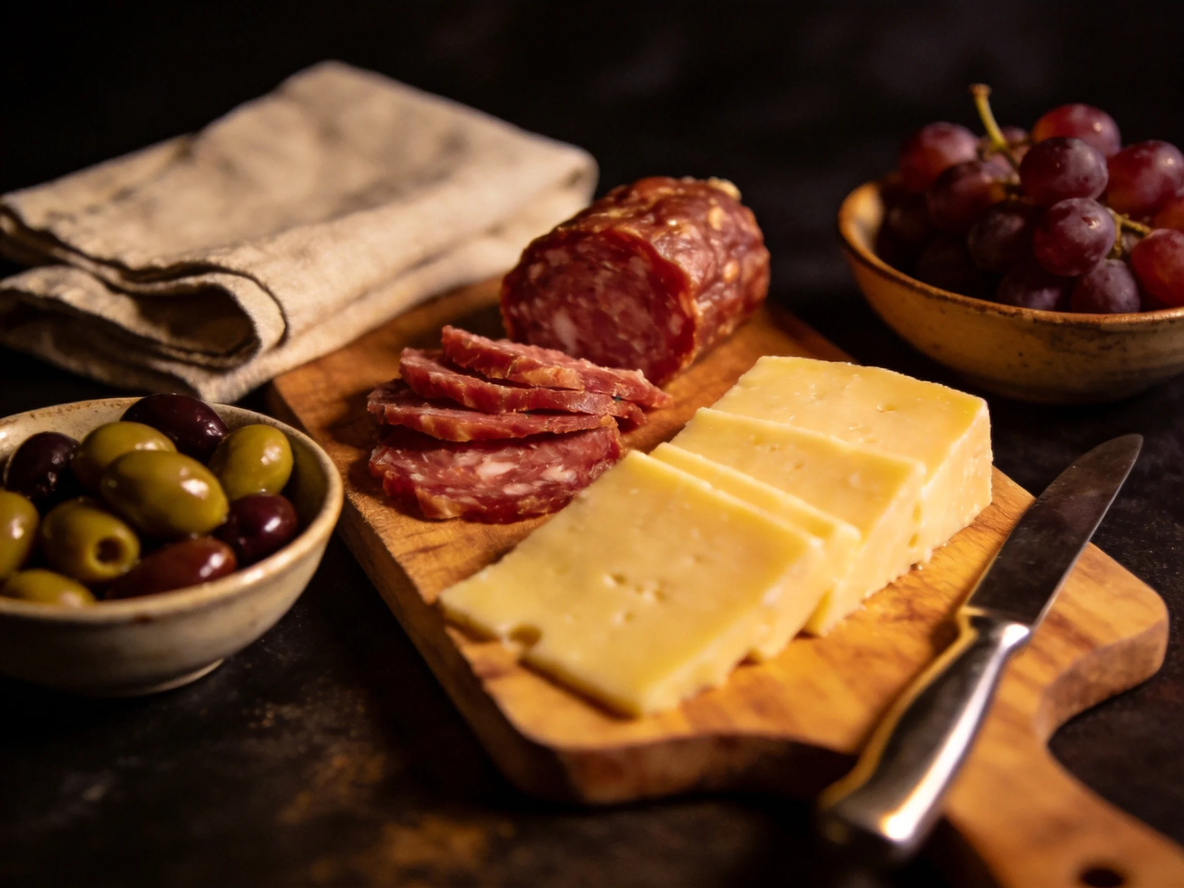 A rustic wooden board holds sliced cheese, salami, olives, and grapes