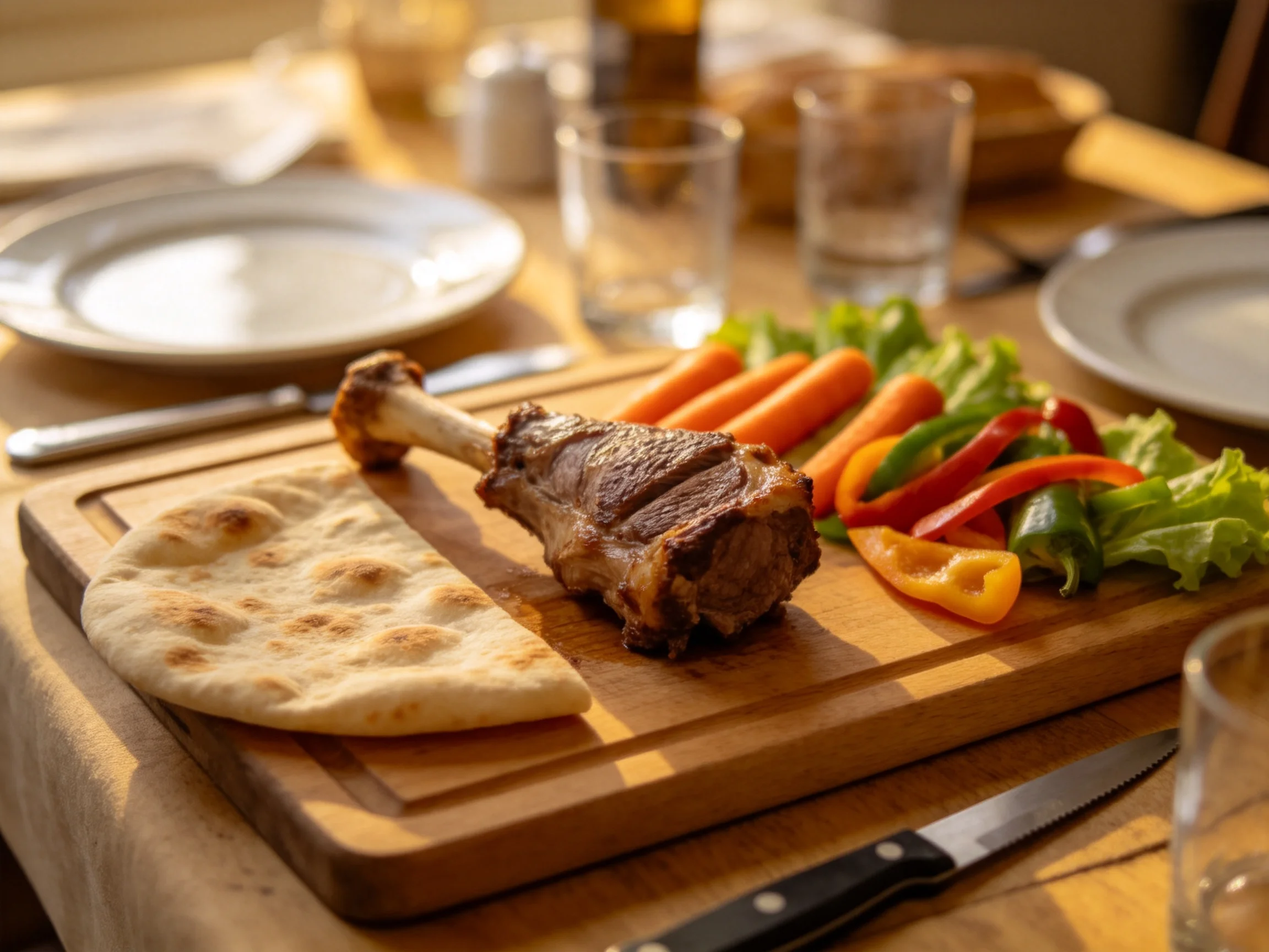 A rustic wooden board presents roasted lamb, colorful veggies, and flatbread