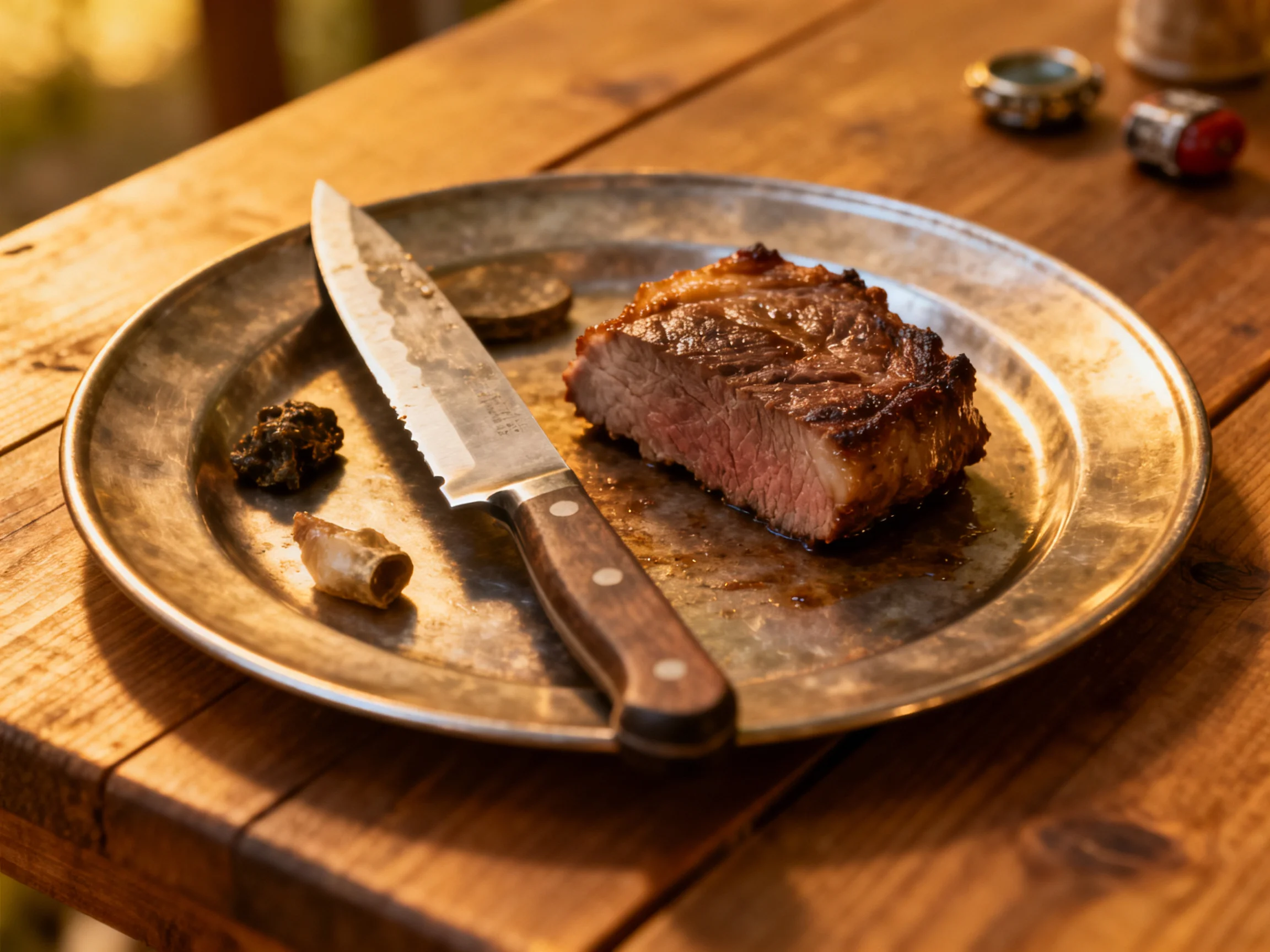A rustic wooden table holds a metal plate with grilled steak and utensils