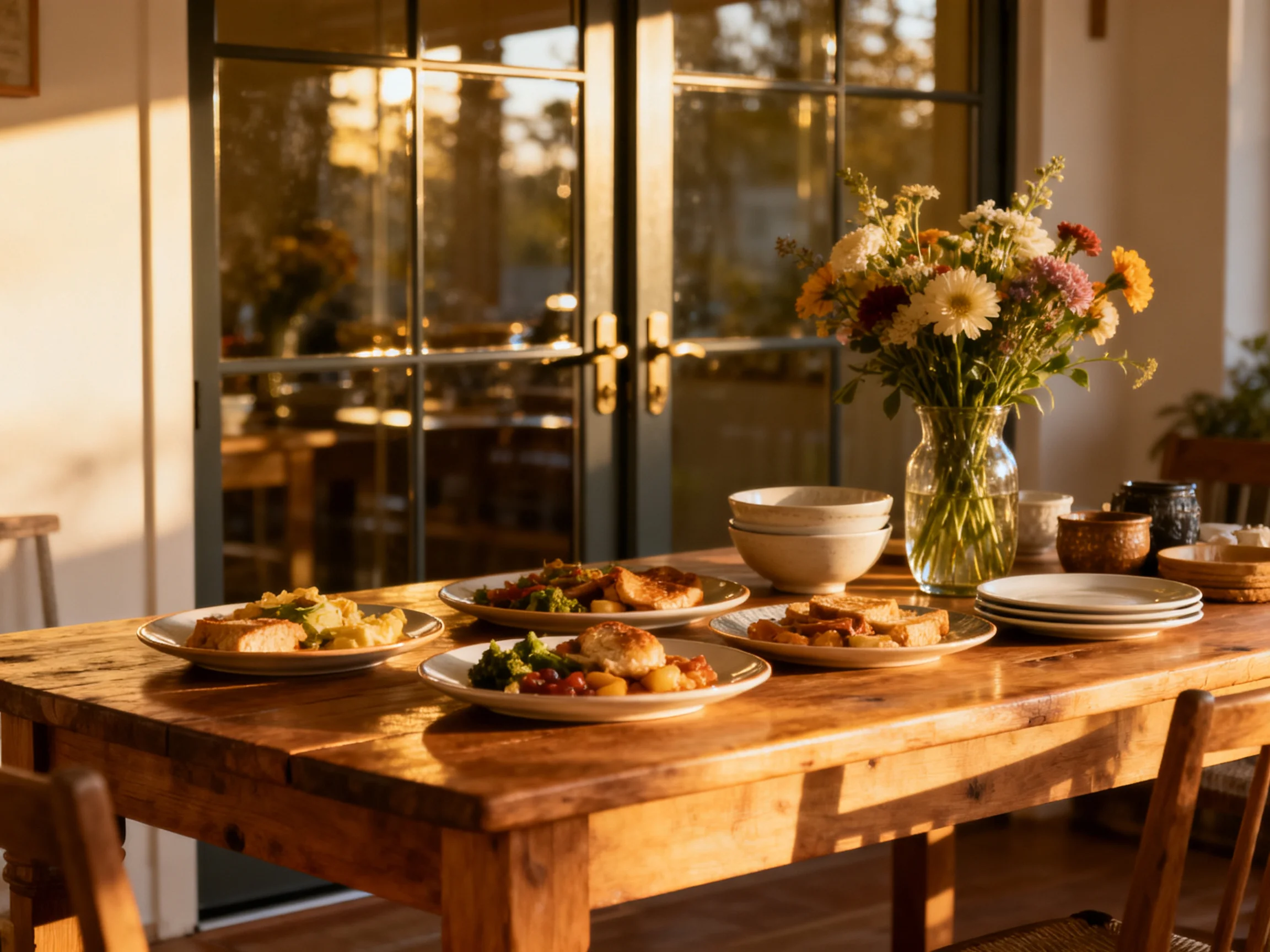 A rustic wooden table holds four plates of food near glass doors