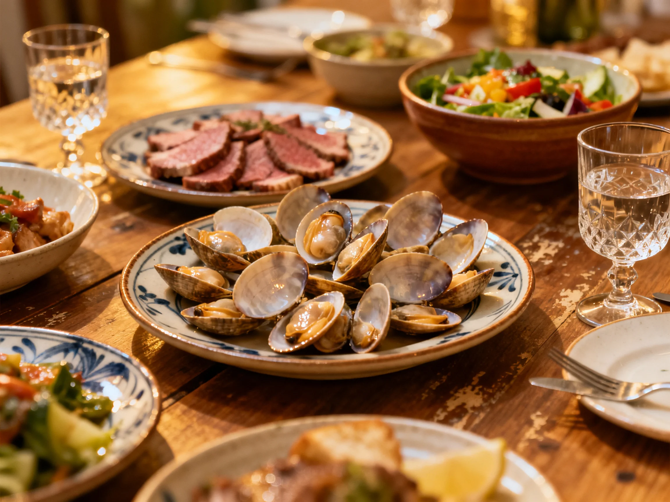 A rustic wooden table presents assorted dishes including clams, steak, and salads.