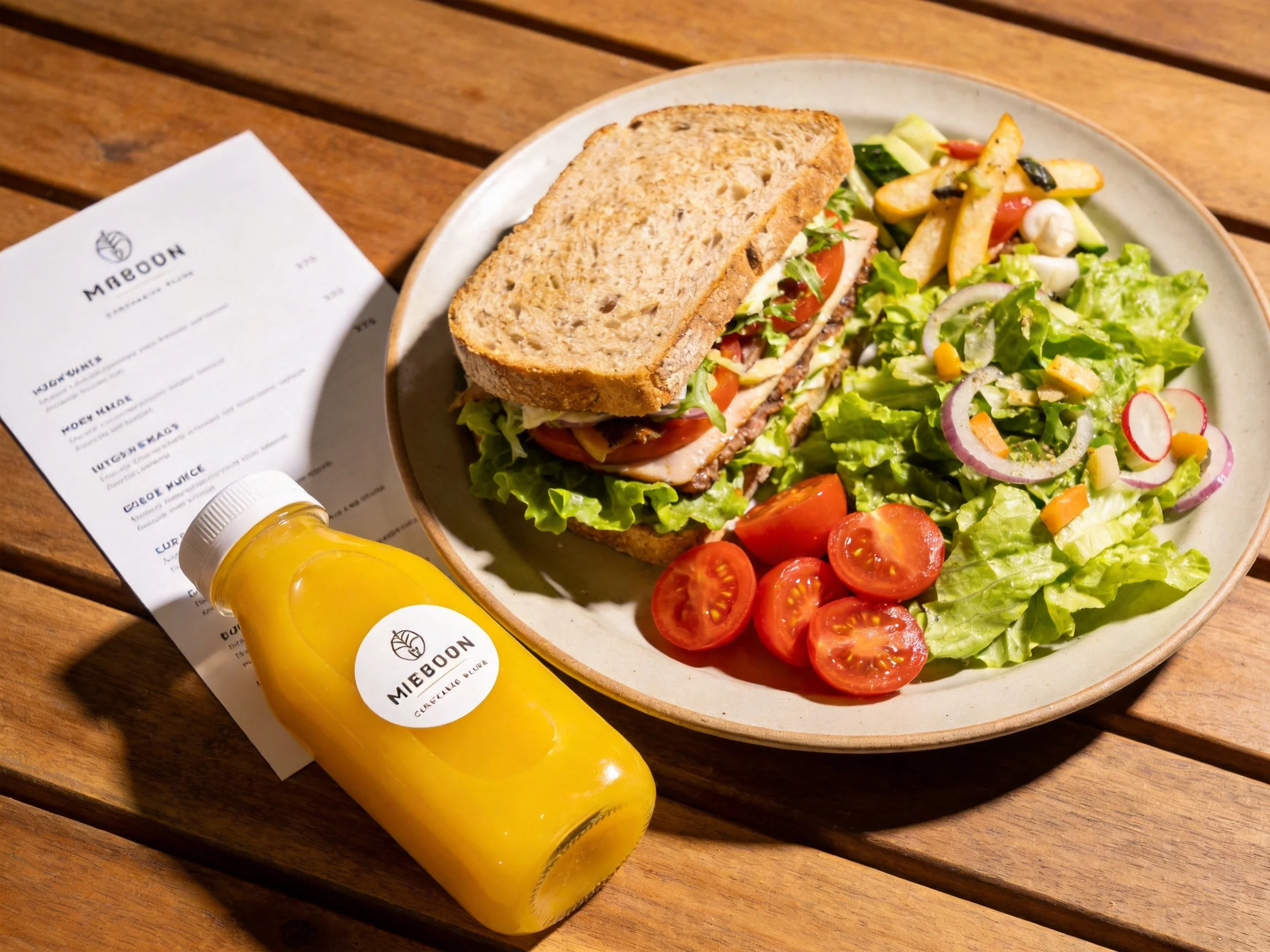 A sandwich, fresh salad, and orange juice on a wooden table