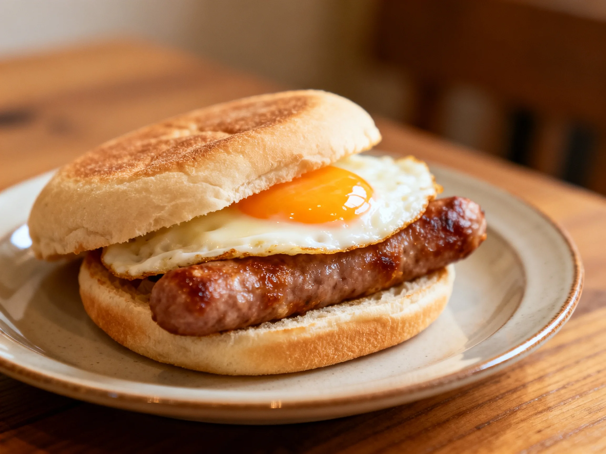 A sausage, egg, and toasted English muffin breakfast sandwich on a ceramic plate