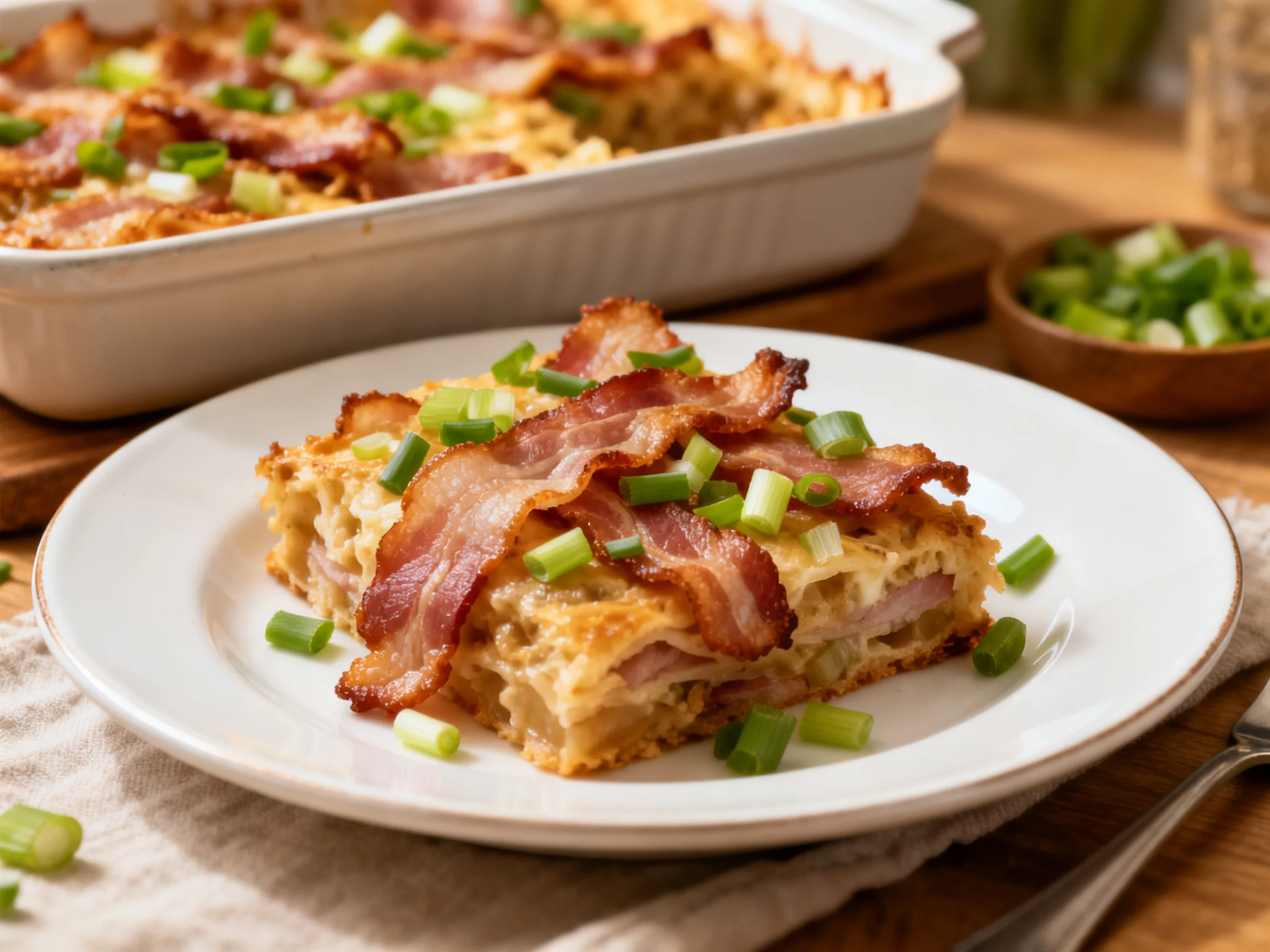 A slice of savory breakfast casserole topped with crispy bacon and green onions sits on a white plate.