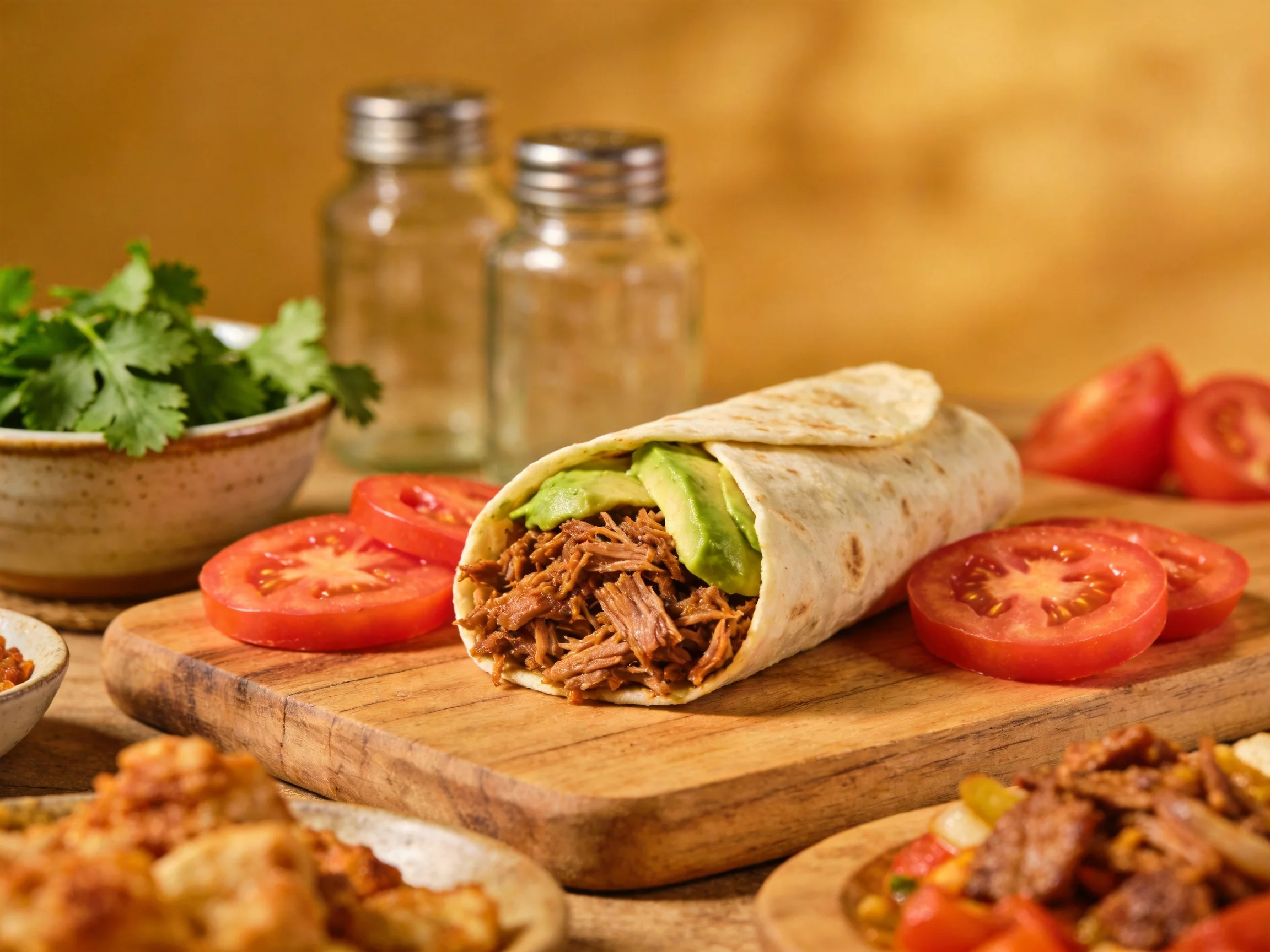A savory burrito with shredded meat, avocado, and fresh tomato slices