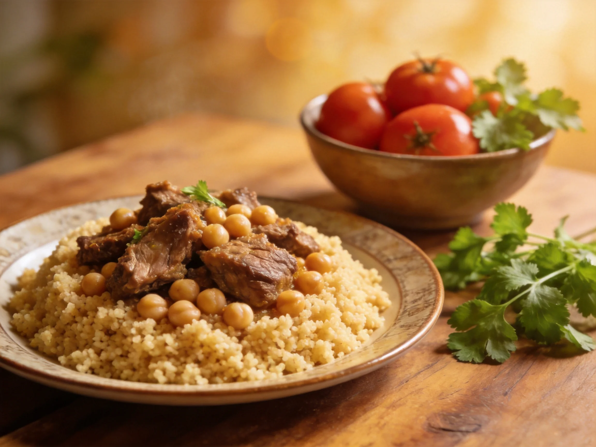 A savory couscous dish with roasted meat, chickpeas, and fresh tomatoes