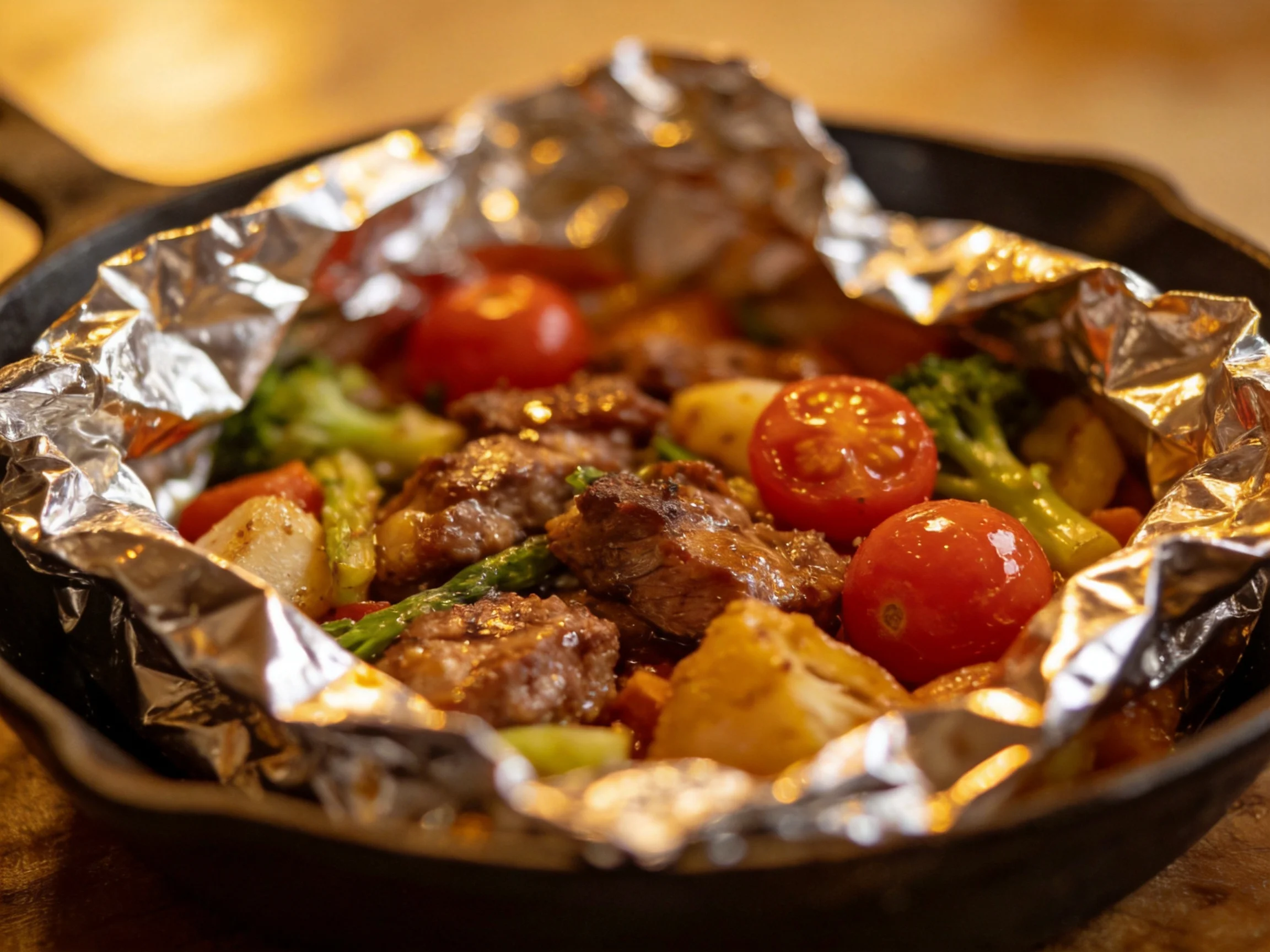 A savory foil-baked dish with meat, cherry tomatoes, and mixed vegetables