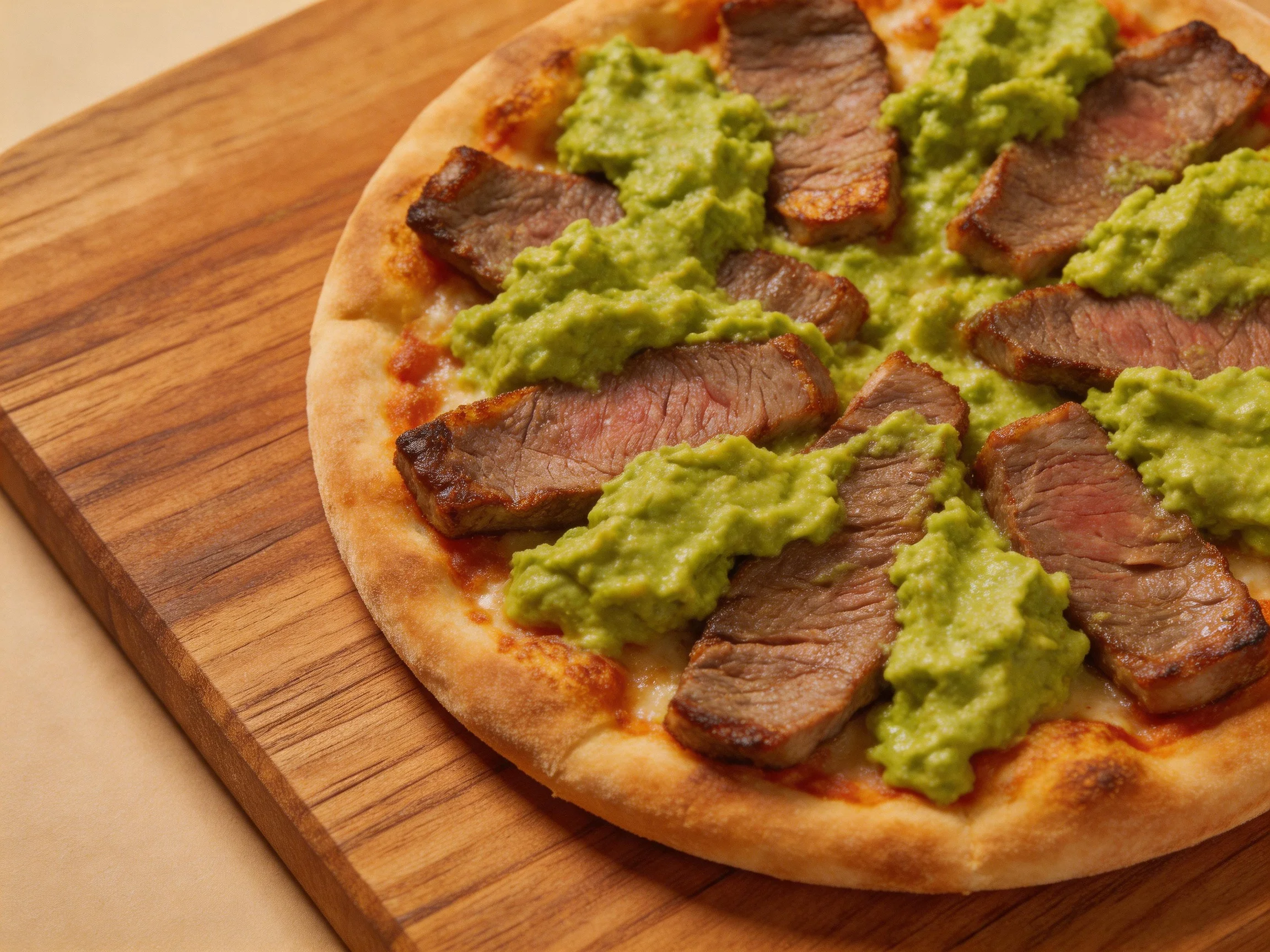 A savory pizza topped with grilled steak and green spread, served on wood