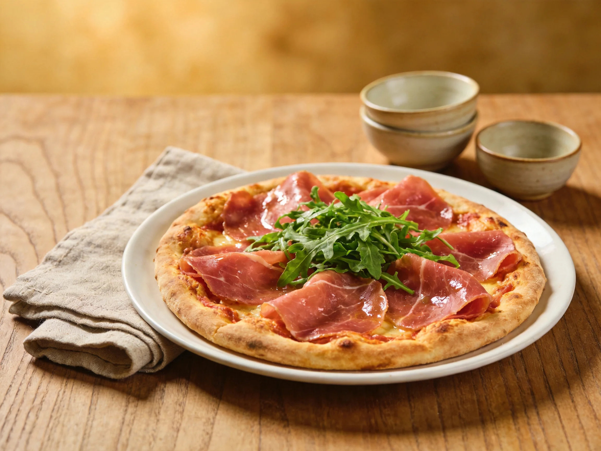 A savory pizza topped with prosciutto and arugula on a wooden table