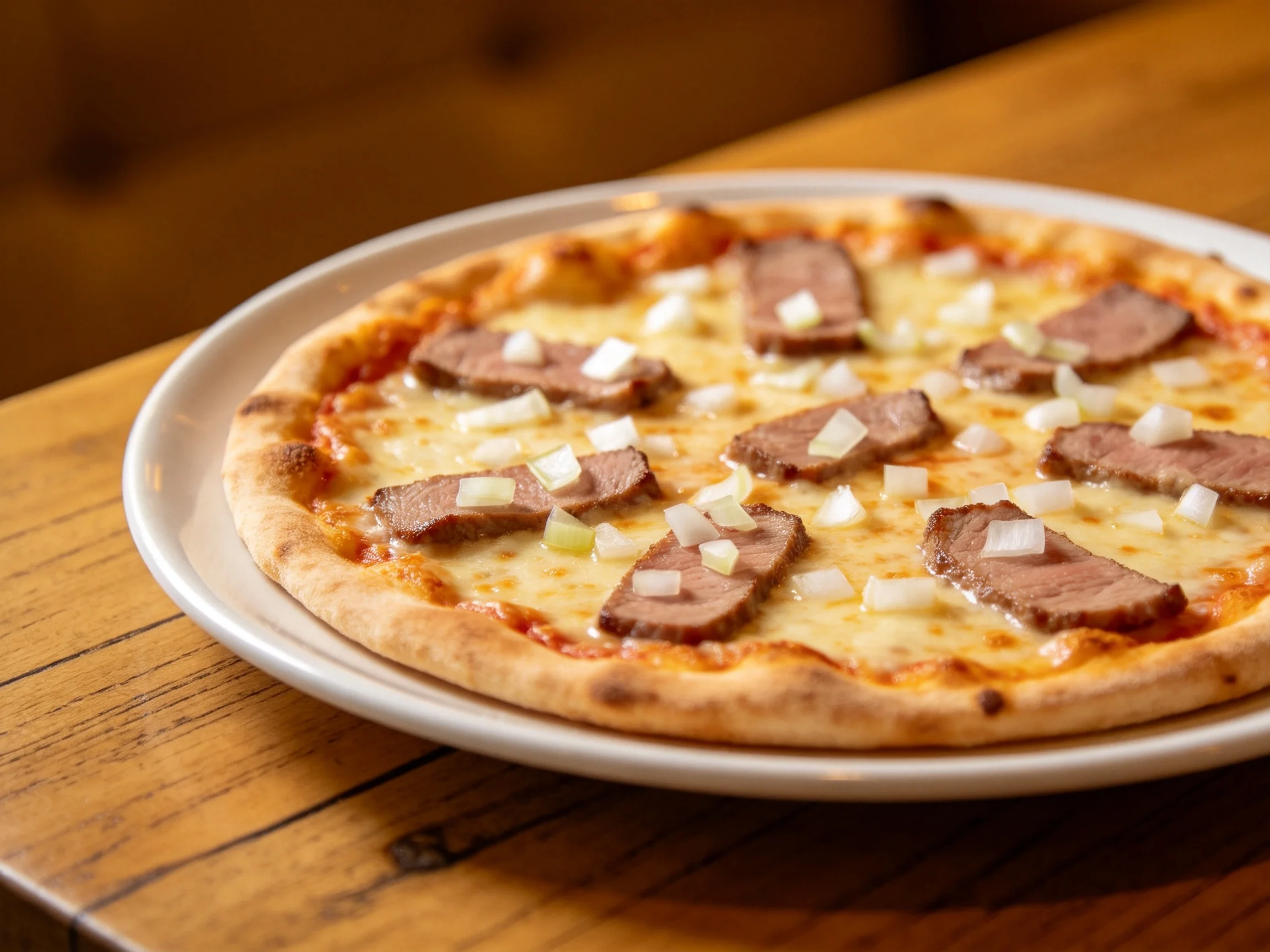 A savory pizza topped with sliced beef and diced onions on a white plate