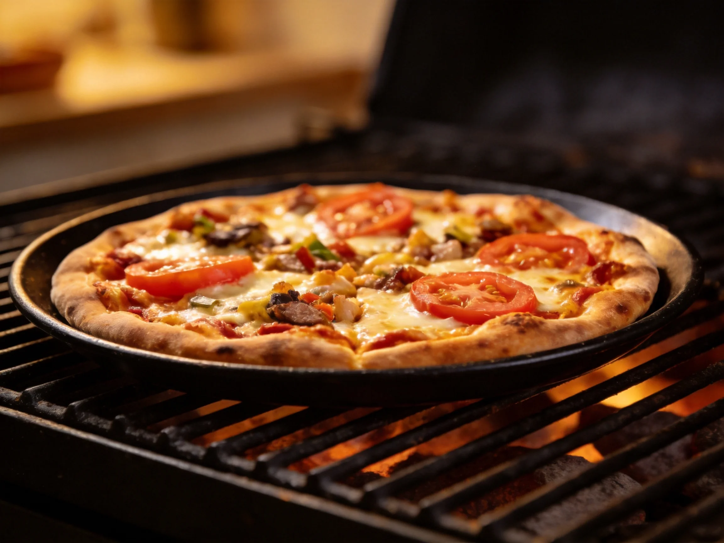 A savory pizza with fresh toppings grilling on a black pan
